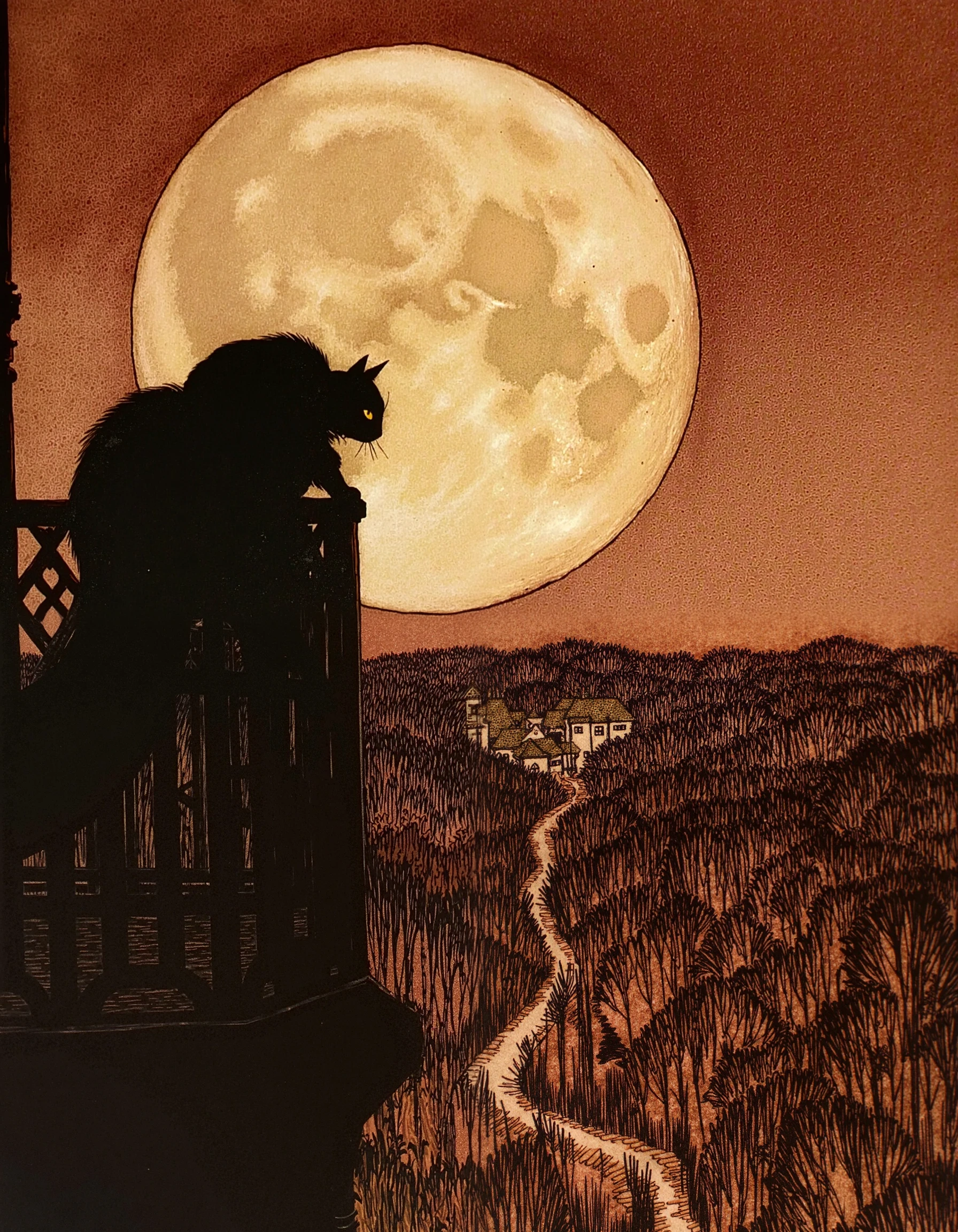 linquivera, Ink illustration, (anime:0.5), brown tones, aged black red paper, inkpunk, moonlight,surreal, a cat on a castle balcony in the forest, (at a distance), Will-o'-the-wisp, moonlit, lonely, solitude, windy, tall trees, willows, willowy, OverallDetail, extremely detailed, UHD,(long exposure , dystopian but extremely beautiful:1.4). In the style of grimmold<lora:Grimmold.safetensors:1.0:1.0>