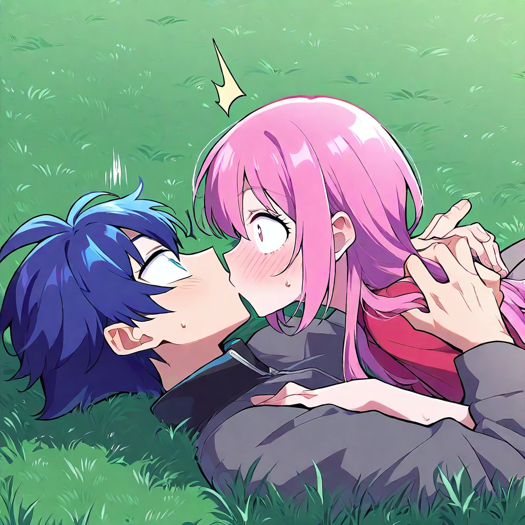 accidental kiss, hetero, 1boy, 1girl, on grass, random hair color, on back, wide-eyed, surprised, eye contact, best quality, masterpiece