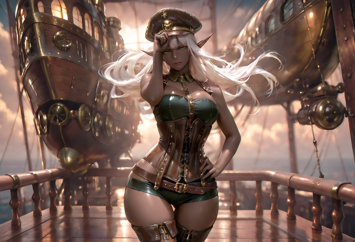 1girl, solo, (Darker Skinned Dark Elf Female: 1.3), (Green Eyes: 1.3), (Straight-on, White hair, Long hair, straight hair: 1.3), (Brown Leather Steampunk Captains Hat: 1.3), (Thicc Thighs: 1.3), (Big butt: 1.3), (Wide Hips: 1.3), (Slightly Plump: 1.2), Curvy, (Medium breasts: 0.6), (Black Leather Sleeveless Strapless Steampunk Corset: 1.3), (Brown leather steampunk lowleg mini shorts: 1.3), (Brown Leather Steampunk thighhigh stiletto high heel boots: 1.3), (Standing, Hand on hip, looking at viewer, hand tipping hat, on a airship, flying and overlooking a massive steampunk city: 1.3), (From Front: 1.7), cowboy Shot: 1.3, Looking at viewer, Eyes half open: 1.3, Professional Lighting, masterpiece, best quality, amazing quality, very aesthetic, absurdres, highres, newest, extremely detailed, ray tracing, RTX, high saturation, high contrast, photon mapping, (sharp image), (best quality), (detailed background), (intricate details)
<lora:StS-Illustrious-Detail-Slider-v1.0:3>