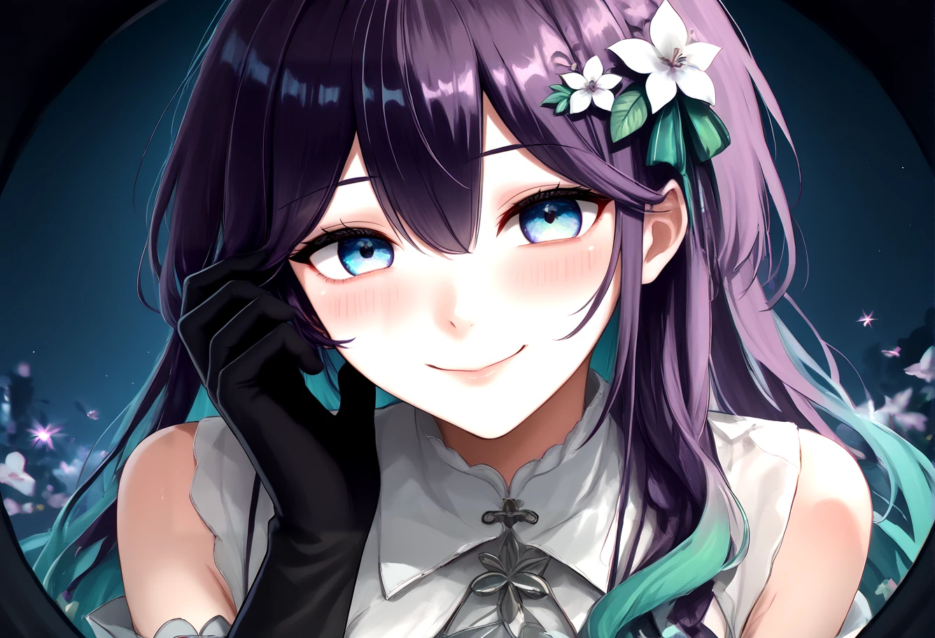 score_9,score_8_up,score_7_up,score_6_up,score_5_up,score_4_up,source_anime,<lora:natsumi_original_ponyxl:1>,natsumi_original_ponyxl,<lora:Add_more_details_V2_XLpony:0.9>,full_details,long hair,multicolored hair,gradient hair,dark purple hair,blue hair,green hair,large breasts,blue eyes,1girl,adjusting hair,black gloves,blush,elbow gloves,flower,gloves,green ribbon,hair flower,hair ornament,hair ribbon,looking at viewer,ribbon,smile,solo,virtual youtuber,<lora:POV_peephole_concept_ponyXL:1>,pov_peephole,
