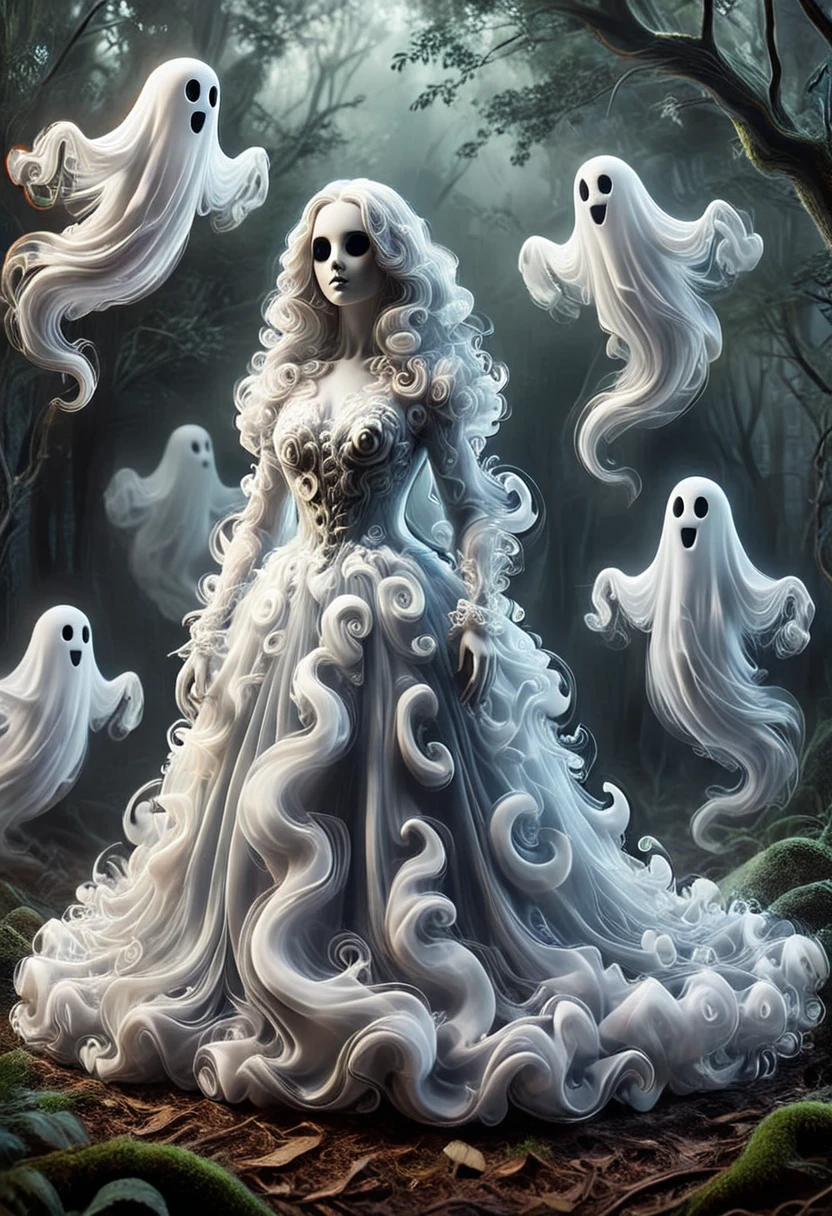 SW1RLYGH0ST, A woman wearing a dress made of ghosts, set in the forest, masterpiece, best quality