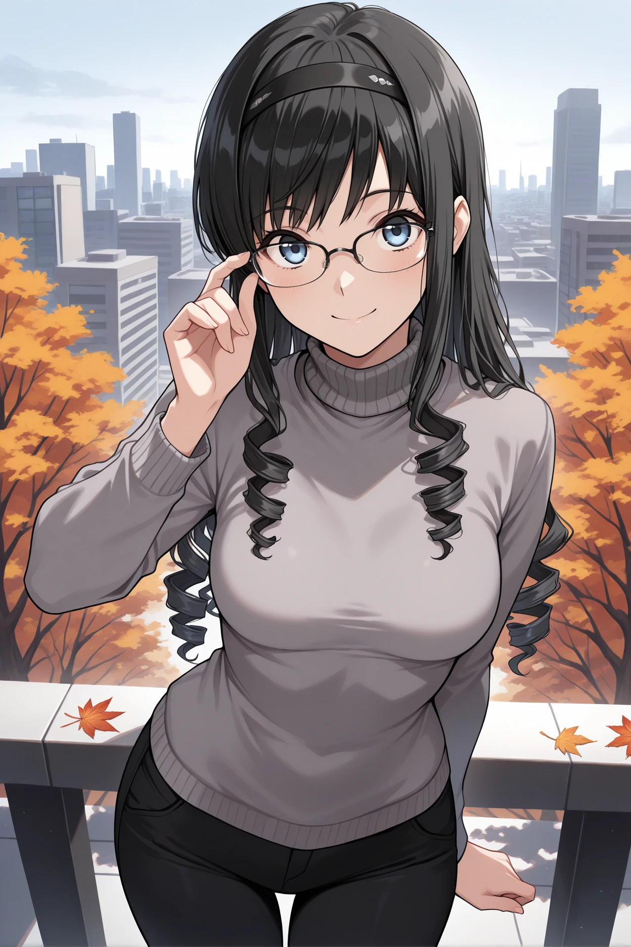 masterpiece, best quality, 1girl, solo, <lora:morishimaharuka-illu-nvwls-v1-000005:1> amaMH, black hair, drill hair, long hair, blue eyes, black hairband, grey sweater, glasses, turtleneck, medium breasts, autumn, black pants, looking at viewer, smile, adjusting glasses, city