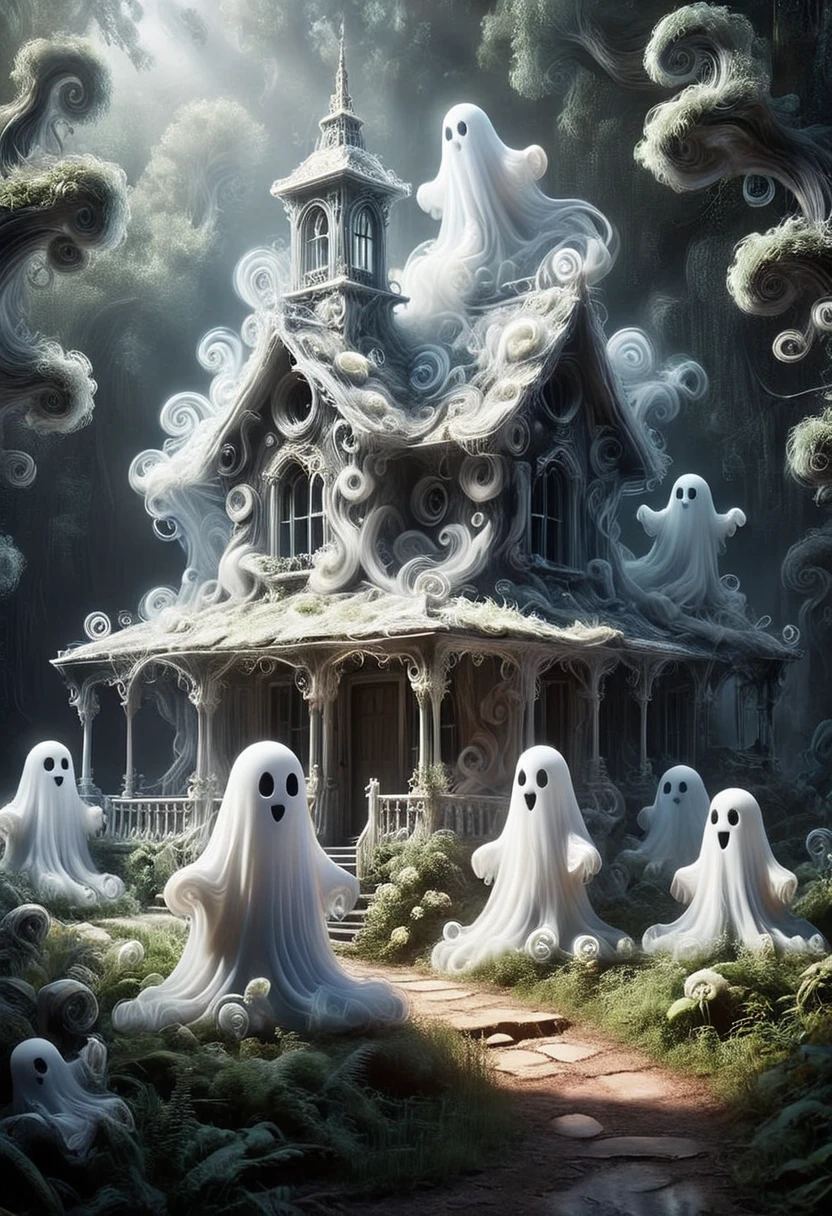 SW1RLYGH0ST, A house made of ghosts, set in the forest, masterpiece, best quality