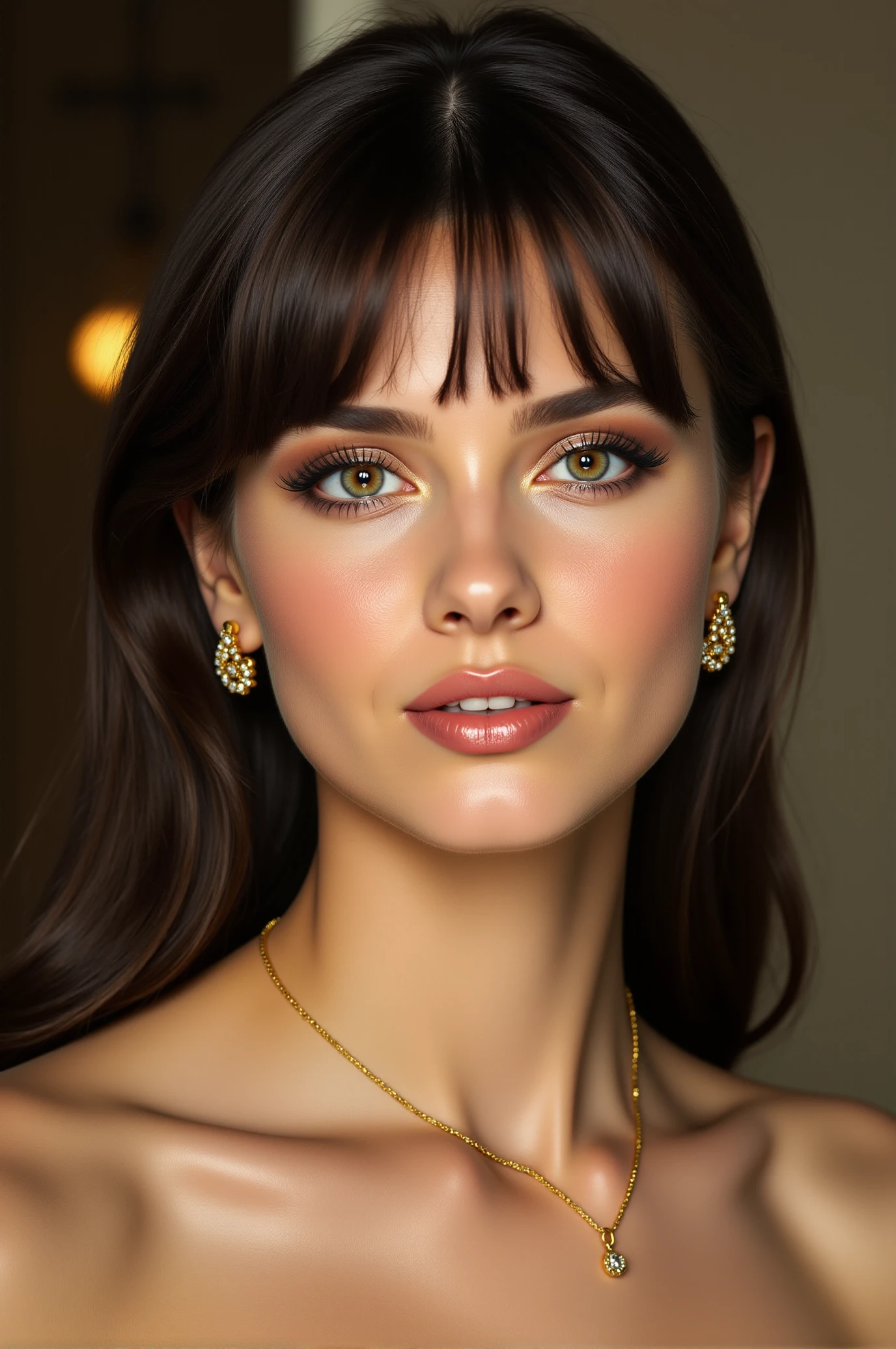 <lora:FFS_v.4:0.75> FFS style face. A young woman, likely in her early twenties. She has an oval face with smooth, porcelain skin, a small nose, full lips, and expressive, almond-shaped eyes with striking, light hazel irises that have a slight yellow tint. Her skin has a warm, subtle glow, giving it a healthy and radiant look. She has long, straight, dark brown hair with bangs that frame her face, styled with a soft, glossy finish. Her makeup features a flawless, natural look with a focus on her eyes, which are accentuated by long, dark eyelashes, and a hint of smoky eyeshadow that enhances her eyes. Her lips are painted with a glossy, peachy-pink lipstick. She's wearing delicate gold earrings and a thin, gold necklace that adds a touch of elegance.