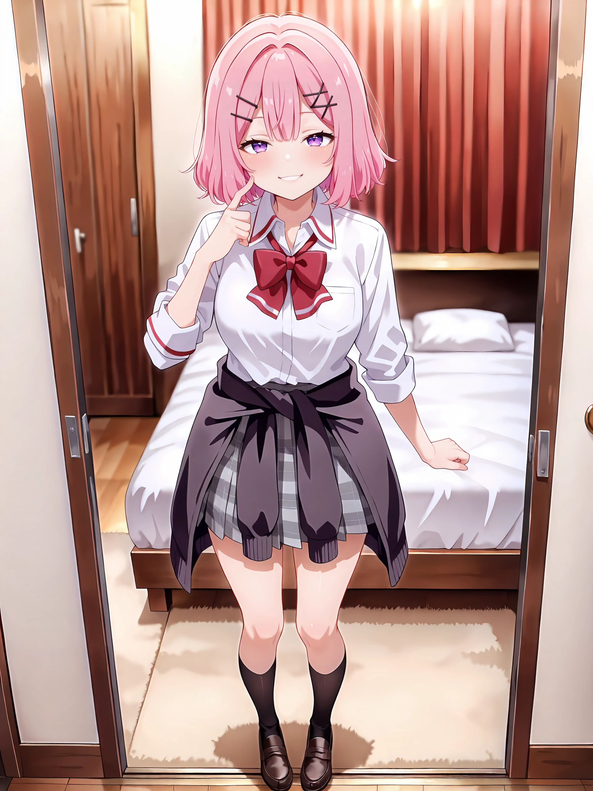 1girl, amaori renako, solo, purple eyes, hairclip, school uniform, pleated skirt, plaid skirt, white collared shirt, red bowtie, clothes around waist, loafers, black kneehighs, looking at viewer, seductive smile, ecstasy, gasping, finger to cheek, standing, full body, bedroom, indoors, blurry background , <lora:Char-Amaori_Renako-V1-IL:0.8>
masterpiece, best quality, amazing quality, very aesthetic, absurdres, volumetric lighting