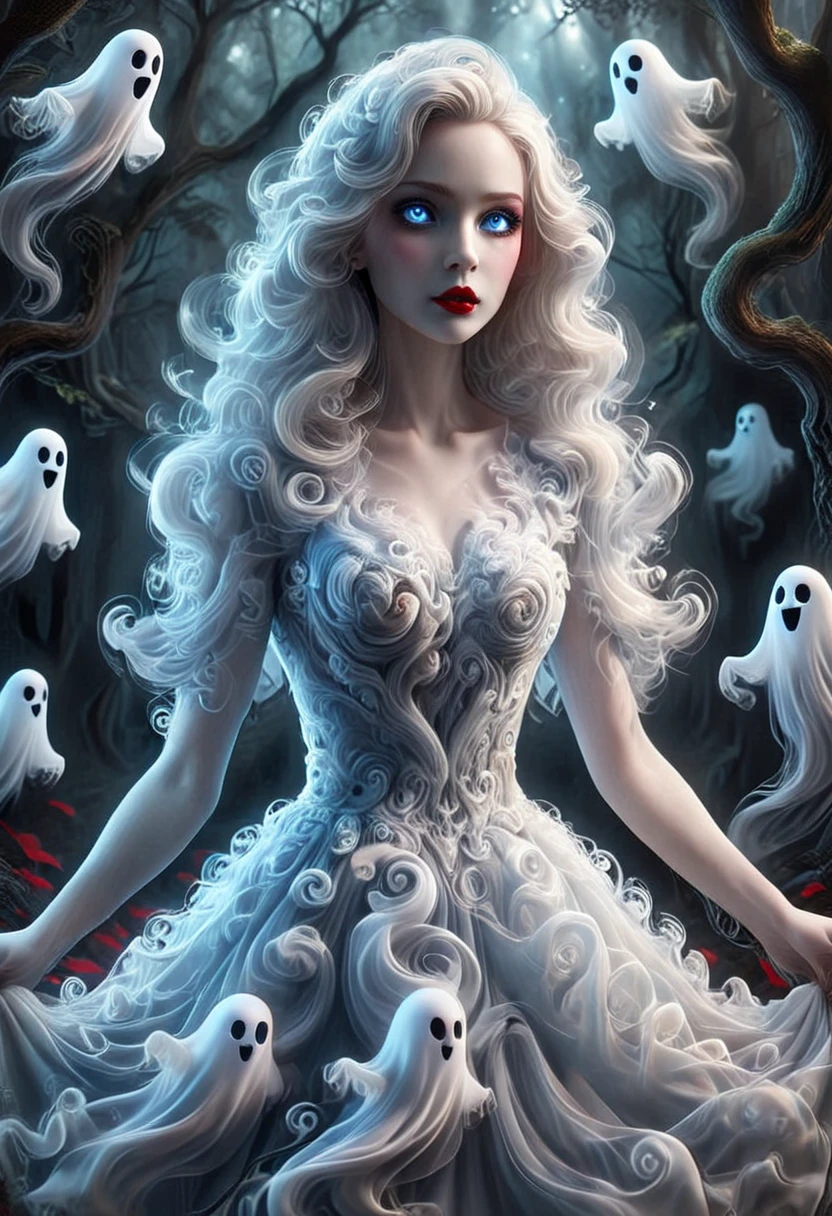 SW1RLYGH0ST, A woman wearing a dress made of ghosts, glowing blue eyes, detailed eyes, red lipstick, set in the forest, masterpiece, best quality