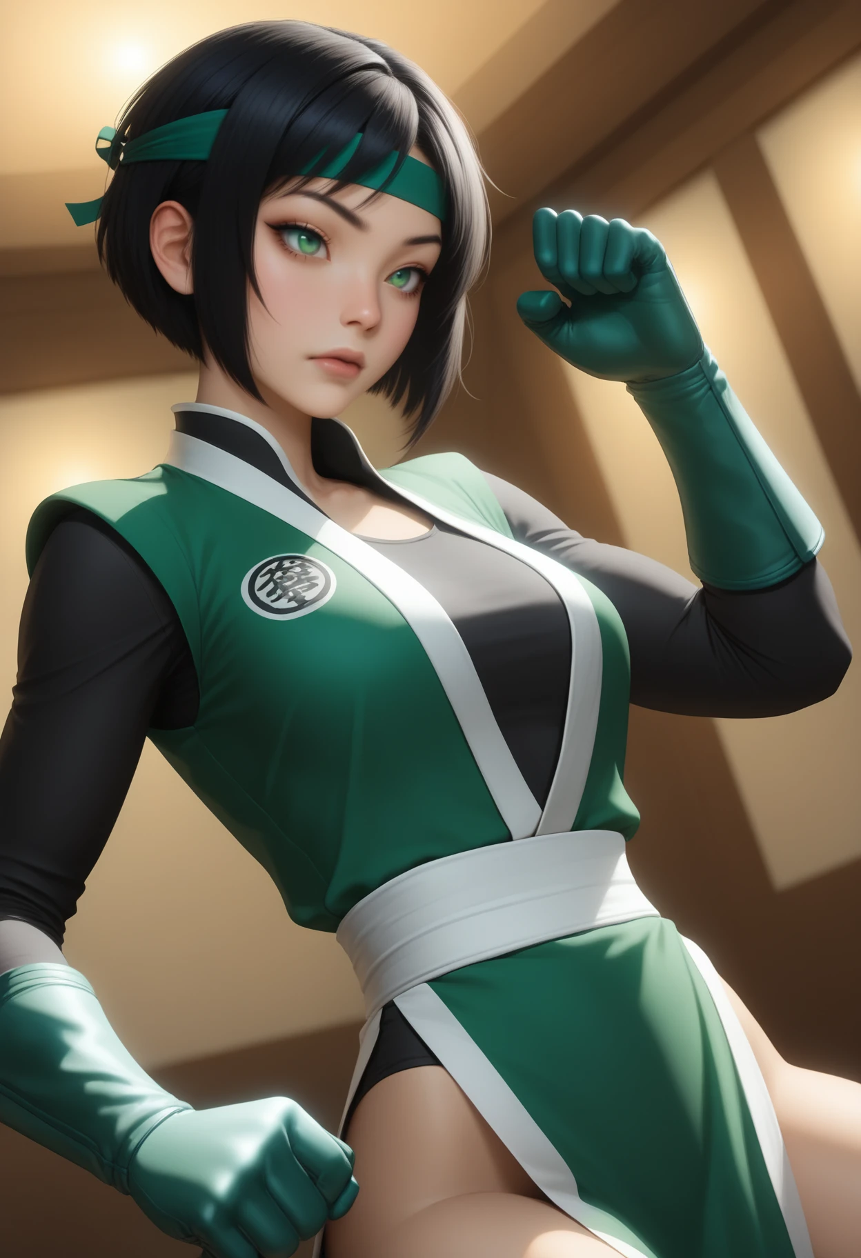 ((masterpiece, best quality, absurdres)),
1girl, solo, kung fu class, jade green sparring uniform, sparring gloves, tied headband,
<lora:Dark_Jade_Illust_v1:0.8> d4rkj4d3, black hair, green eyes,