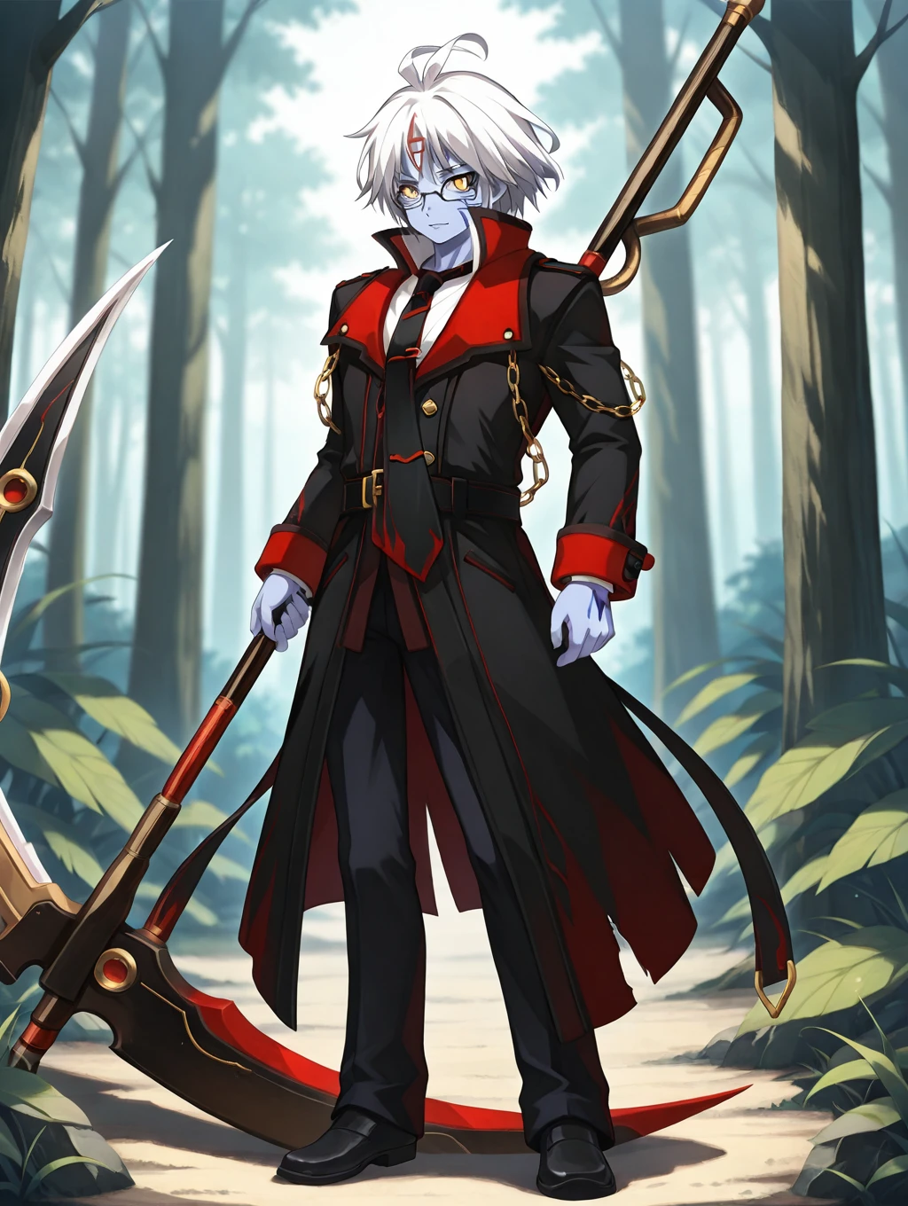 1boy, solo, NeroReal, short hair, white hair messy hair, double ahoge, antenna hair, yellow eyes, glowing eyes, glasses, black jacket, trenchcoat, black clothes, red clothes, white shirt, popped collar, black and red necktie, red_details_on_jacket, chain on clothes, colored skin, blue skin, facial marks

standing, forest, holding scythe, full body,

masterpiece, best quality,amazing quality, very aesthetic, absurdres, depth of field, blurry background, extremely detailed face, detailed eyes