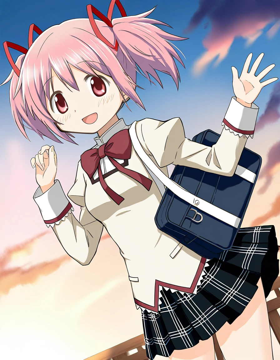 masterpiece, best quality, newest, absurdres, highres, safe, 1girl, kaname madoka \(school uniform\), magia record: mahou shoujo madoka magica gaiden, solo, smile, open mouth, hand up, looking at viewer, outdoors, dutch angle, <lora:20241222214529_kaname_madoka_noobaiXLNAIXL_vPred10Version:0.7>