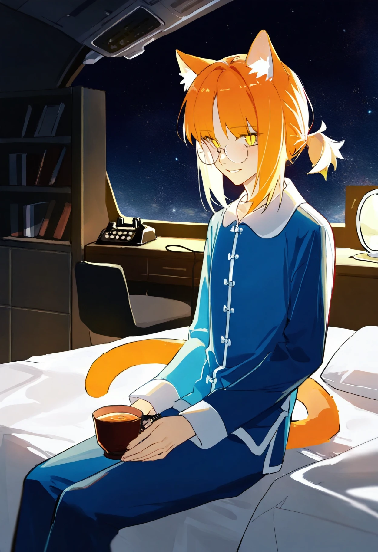 1femboy, flat chest, skinny, light orange cat ears, light orange cat tail, short ponytail, air_ bangs, (light orange hair), yellow eyes, slit pupils, round glasses,
blue pajamas,
spacecraft interior, detailed background, low light,
absurdres, space, indoors, cup of tea, bed sheet, radio, chair, corded phone, bookshelf, planet,
cowboy shot, sitting on bed, blush, smile,
<lora:lmia4IL-style:1>, llmia4,
