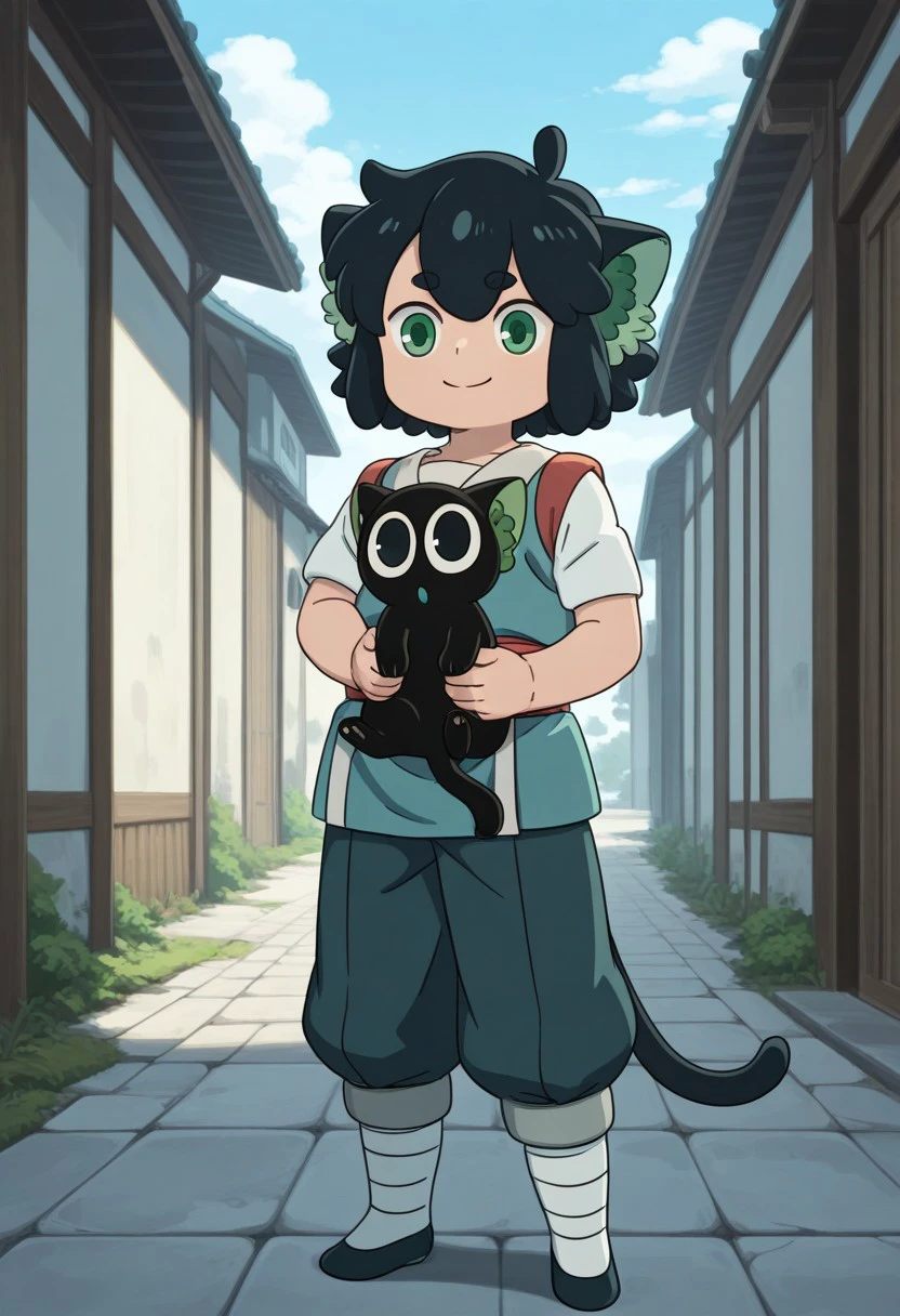 masterpiece, best quality,
Xiaohei, 1boy, male focus, solo, cat boy, green eyes, black hair, bangs, short hair, animal ears, cat ears, cat tail, chinese clothes, shirt, white shirt, short sleeves, robe, sash, red sash, pants, black pants, black footwear, smile, cat, black cat, black eyes, holding cat,
outdoor, sky