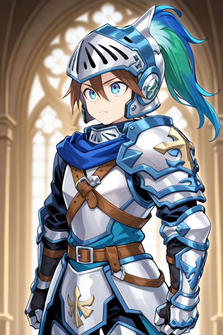 <lora:DurantIL:0.8> , durdef, 1boy, brown hair, short hair, hair between eyes, blue eyes, helmet, blue plume, multicolored plume, visor \(armor\), armor, blue scarf, shoulder belt, single pauldron, shoulder armor, gauntlets, greaves, serious expression, cowboy shot,  cathedral, exterior, from side, , solo, masterpiece, best quality, amazing quality, very aesthetic, high resolution,