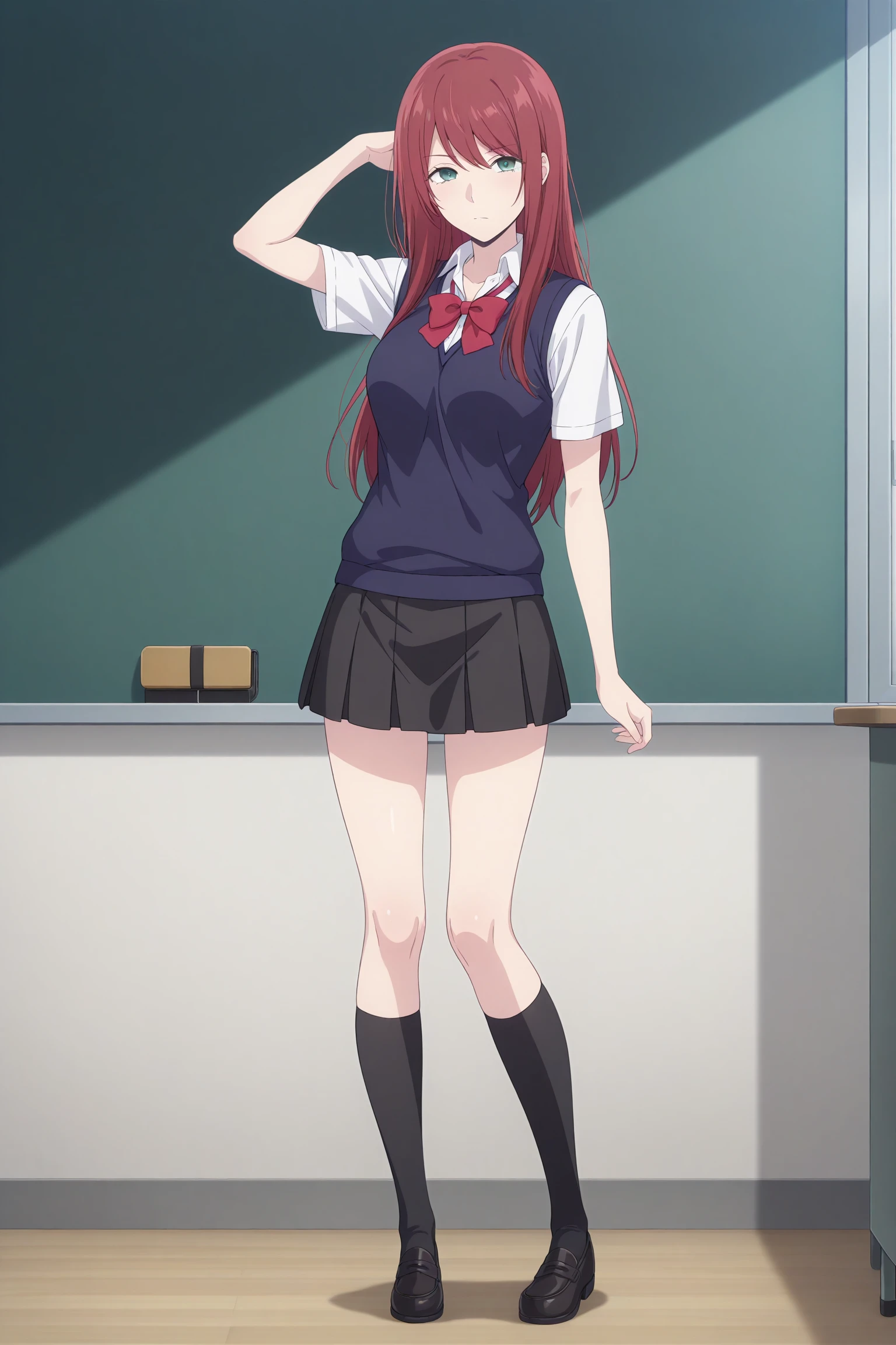 masterpiece, best quality, amazing quality, highres, absurdres, very aesthetic, high resolution, ultra detailed, perfect details, 1girl, looking at viewer, indoors, classroom, medium breasts, ebato sanae, long hair, red hair, swept bangs, green eyes, school uniform, short sleeves, white shirt, collared shirt, red bowtie, blue sweater vest, black skirt, pleated skirt, black kneehighs, loafers, <lora:Sanae_Ebato:0.8>, (aged up:1.2), (full body:1.4), (pose:1.4), standing