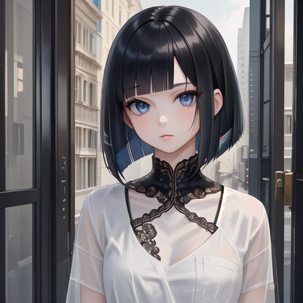 realistic, aesthetic, intricate, masterpiece, cute, 1 girl, solo, black hair, blue eyes, sliced bob, <lora:n15g_aio_hairstyles-1.0:0.8>