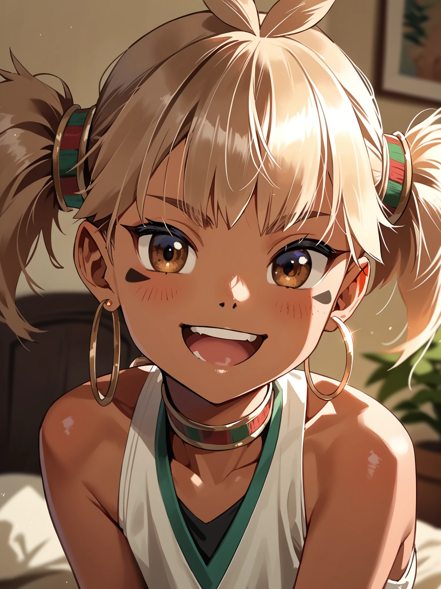 <lora:happy_tentacle-genpnepet-v0.8-000010:1>, ht_genpnepet, (facial mark:1.1), hair ornament, hoop earrings, choker, bracelet, (tan, brown eyes, blonde hair:0.8) , smile, open mouth, indoors, apartment upper body, 1girl, solo focus, (looking at viewer:1.1), , (depth of field:0.8), , [(realistic, photorealistic:1.1):(realistic:1.3):22], [(3d:1.2)::10], <lora:LUUNA's Lunas-NijiJourney-SDXL-B2:0.5>, nijijourney, <lora:prgfrg23's Counterfeit-V3.0 Style SDXL_LoRA_Pony Diffusion V6 XL:0.3>, <lora:Shed_The_Skin's StS_age_slider_v1_initial_release:-1>, score_9, score_8_up, score_7_up, score_6_up, score_5_up, score_4_up