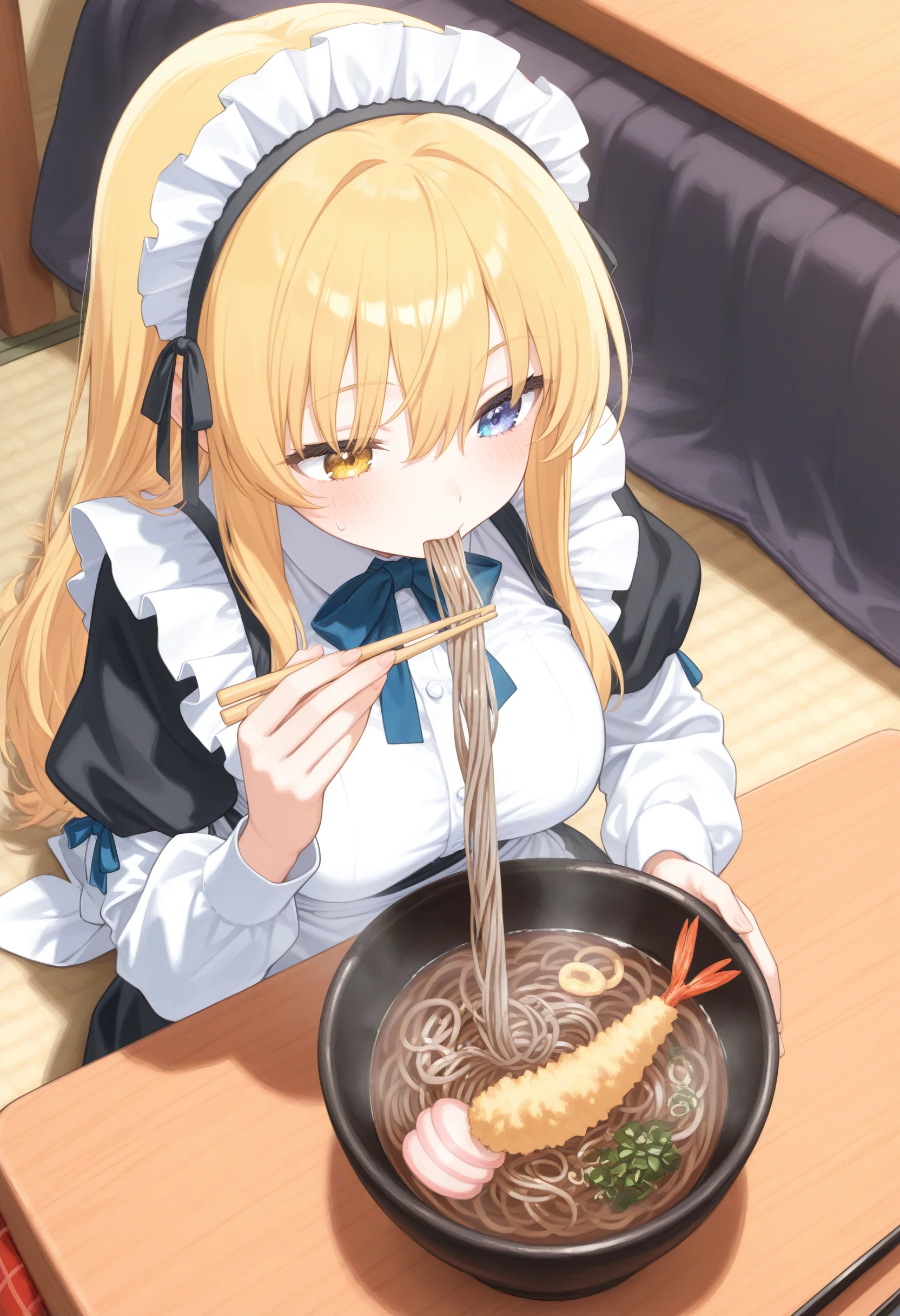 1girl,(sho \(sho lwlw\):0.7),(toosaka asagi:0.5),(sincos:0.3),solo,
masterpiece, best quality, newest, absurdres, CG, anime, source anime, illustration,
maid, maid headdress,medium breasts,
soba, table, eating, kotatsu, noodles, holding chopsticks, bowl, long sleeves, shrimp tempura, steam, kamaboko, food in mouth, hand up, under table,  <lora:soba_Illust_v1:0.8>
from above, panorama shot, looking to the side, blonde hair, heterochromia,blush, parted lips, single hair,