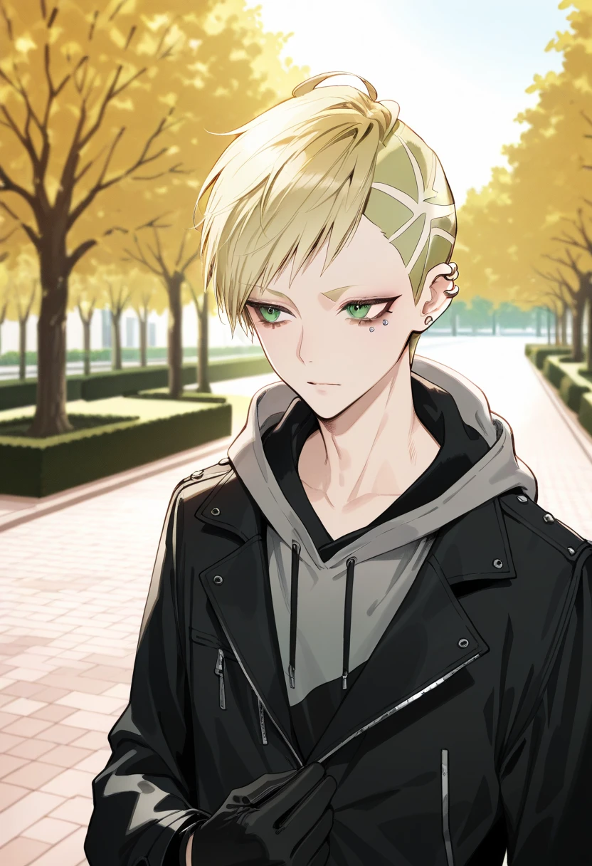 artist:gomzi,artist:wanke,artist:diyokama, rei_(sanbonzakura),[[artist:fuzichoco]],year 2024, 1boy, solo,
oscar dressel, blonde hair, short hair, green eyes, ear piercing, scar, eyelid piercing, black jacket, hooded jacket, black gloves, grey hoodie, upper body,
park,
<lora:ntmf_majorcharacters.ilxl.v02:1>