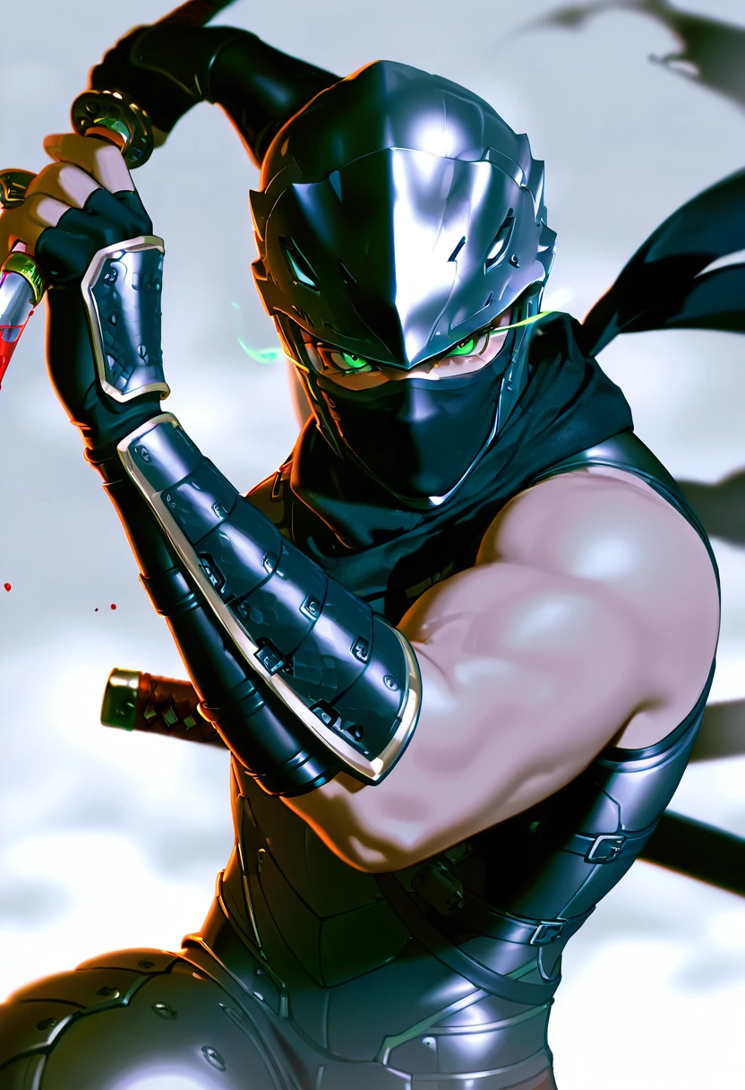 masterpiece, best quality, newest, absurdres, highres, <lora:RyuIllustDOA:0.9>, HYBSRYNG, helmet, mouth mask, black scarf, black clothes, armor, sleeveless, arm guards, fingerless gloves, holding weapon, katana, dynamic pose, green eyes, eye trail, blood, close-up, fog, darkness,