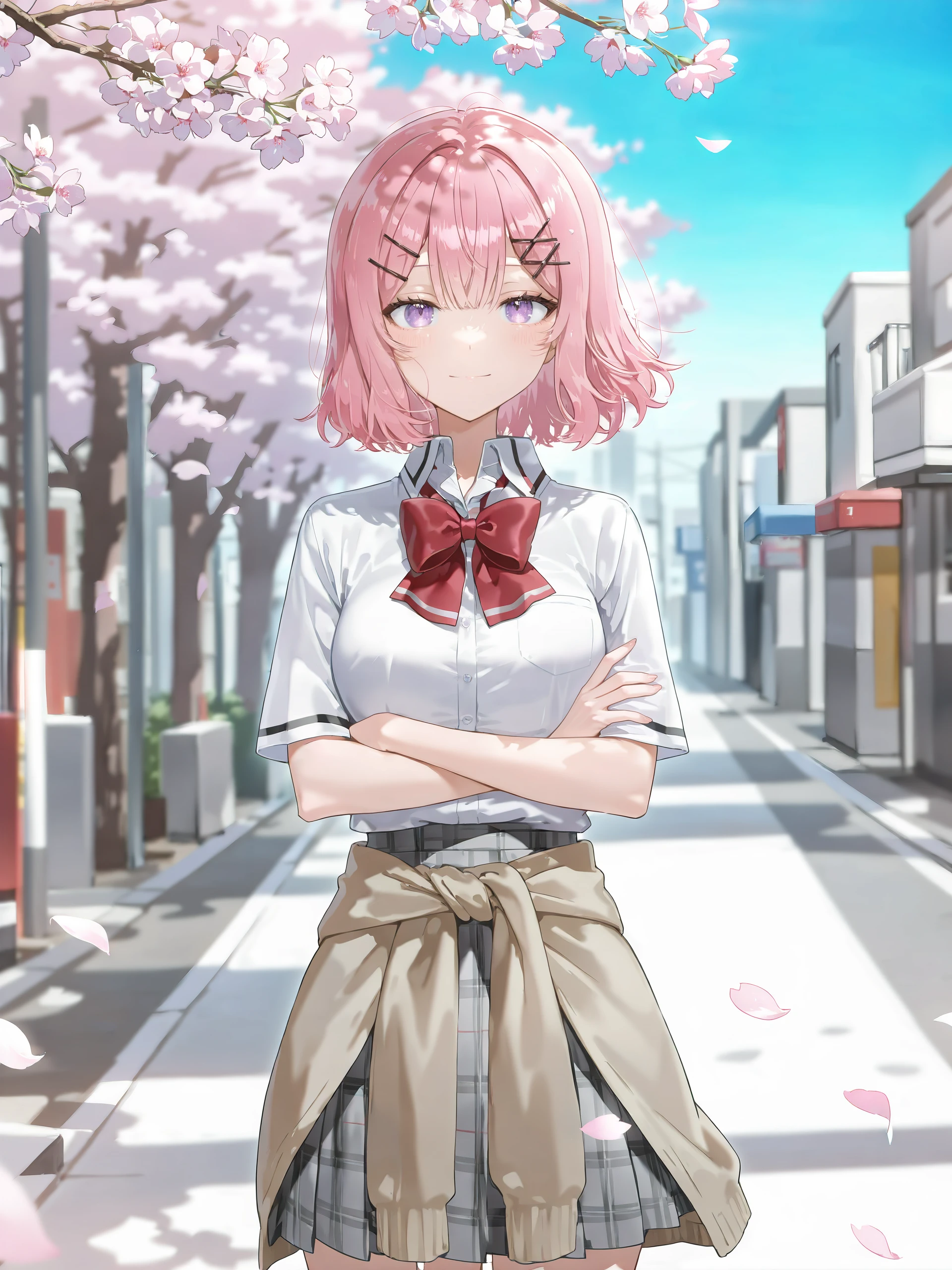 1girl, amaori renako, solo, purple eyes, hairclip, school uniform, pleated skirt, plaid skirt, white collared shirt, red bowtie, clothes around waist, crossed arms, looking at viewer, light smile, standing, cowboy shot, outdoors, street, cherry blossoms, petals, depth of field , <lora:Char-Amaori_Renako-V1-IL:0.9>
masterpiece,best quality, amazing quality, very aesthetic, absurdres, newest, illustration, ray tracing