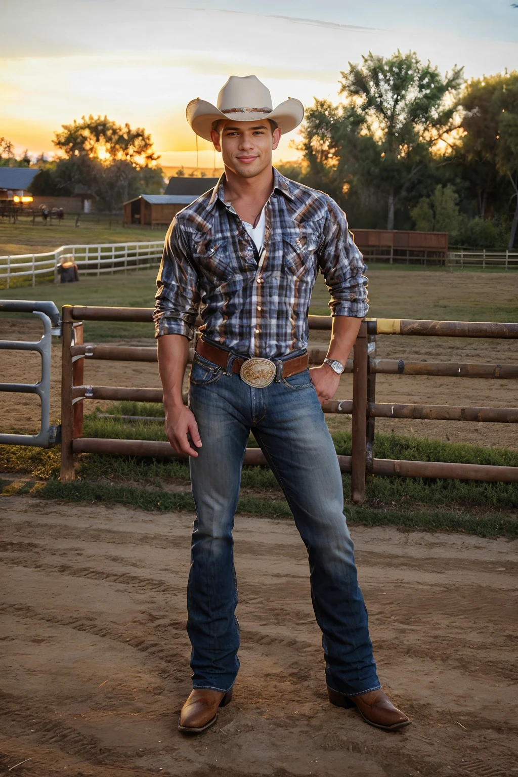 outdoors, golden hour, wooden corral of horses, standing, BrentEverett, smiling, sexycowboy, (cowboy hat), (plaid shirt), denim blue jeans, belt, silver belt buckle, (((full body portrait))), wide angle,  <lora:Clothing - Sexy Cowboy:0.45> <lora:BrentEverett:0.8>