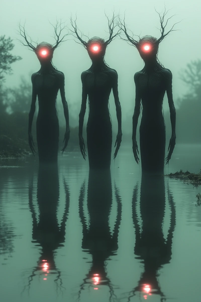 fg, this is a digital artwork depicting three ghostly, humanoid figures standing in a misty, reflective water. each figure has elongated limbs and a starkly glowing red, branching crown, reminiscent of antlers. the mist and water create a surreal, otherworldly atmosphere. the figures' reflections are visible on the water's surface, enhancing the eerie, symmetrical composition. the background is shrouded in fog, with faint outlines of trees. the overall color palette is dark and moody, with a strong contrast between the red crowns and the muted, eerie greens and blacks.