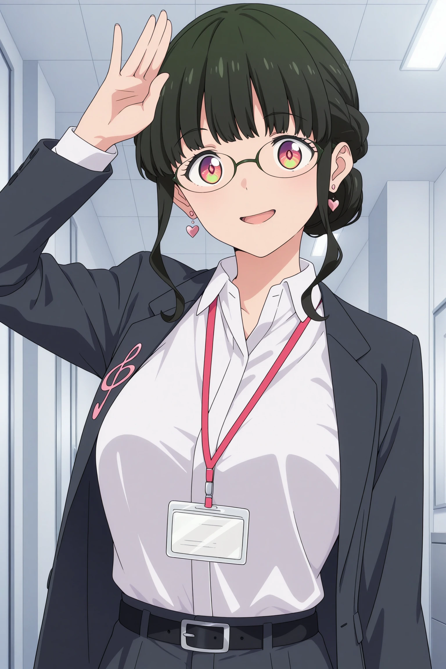 masterpiece, best quality, amazing quality, highres, absurdres, very aesthetic, high resolution, ultra detailed, perfect details, 1girl, indoors, medium breasts, anosillus the 2nd, dark green hair, short hair, half up braid, single hair bun, blunt bangs, sidelocks, multicolored eyes, glasses, heart earrings, grey jacket, musical note ornament, treble clef, white shirt, collared shirt, lanyard, open jacket, belt, grey pants, white footwear, flats, <lora:Anosillus_the_2nd_ILXL:0.8>, (aged up:1.2), (upper body:1.4), (pose:1.2), smile, open mouth