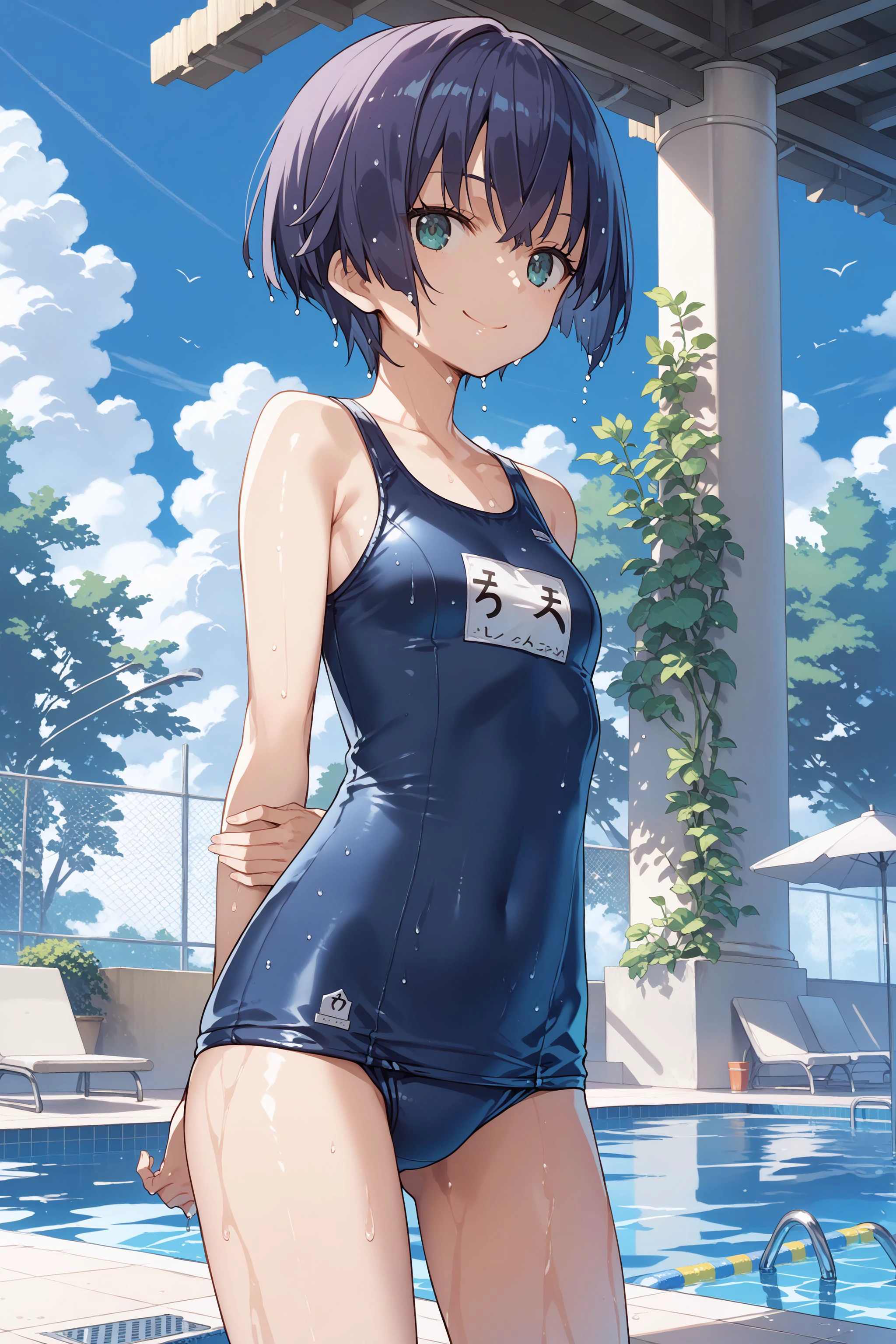 ((((best quality)))), one girl, ((((flat breast)))), (((child))), dark blue school swimsuit, smile, short black hair, summer sunshine, poolside, high definition, 4K, child,