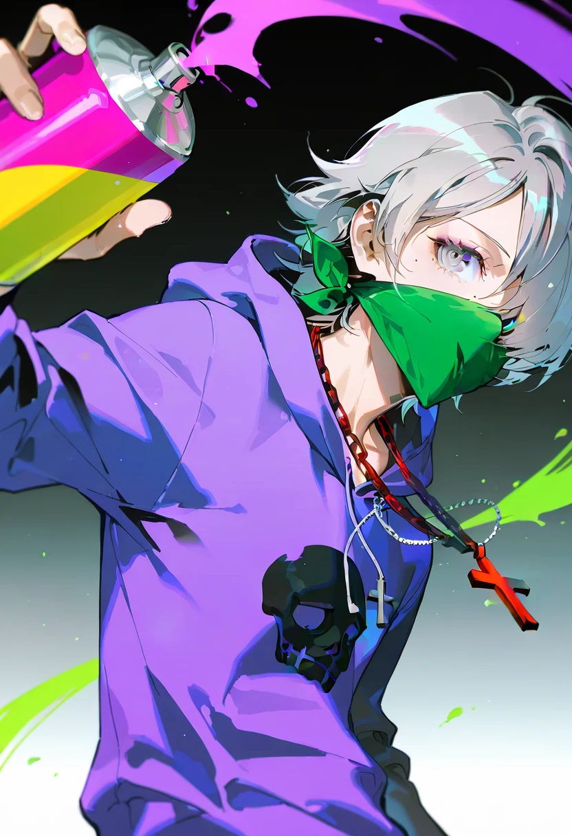 artist:gomzi,artist:wanke,artist:diyokama, rei_(sanbonzakura),[[artist:fuzichoco]],year 2024, 1boy, solo,
agatha flattz, grey hair, grey eyes, short hair, hair over one eye, green bandana, purple hoodie, spray can, cross necklace, chain necklace, inverted cross, skull print,
park, upper body,
<lora:ntmf_majorcharacters.ilxl.v02:0.8>