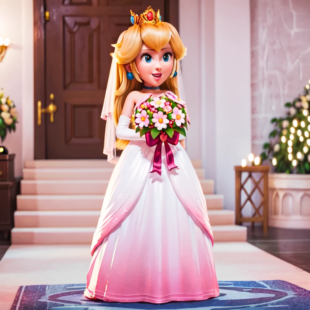 <lora:peachmovie_pony_v1:.8>PeachWeddingHoldingFlowers, 1girl, princess peach, wedding dress, bridal veil, blonde hair, flower, blue eyes, bouquet, long hair, crown, bride, jewelry, earrings, elbow gloves, choker, pink dress, lipstick