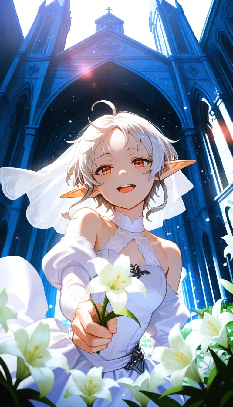 (masterpiece, best quality), best score, best anatomy, ultra deitailed, amazing quality, very aesthetic, absurdres, highres, 2024, newest, HDR, 8K, high detail RAW color art, high contrast, bright face, large pupil, eyelashes, brilliant skin, shiny skin,
1girl, sylphiette \(mushoku tensei\), fitz, white hair, red eyes, flower, holding flower, round teeth, happt teras, mature female, wedding dress, smile, lily, white flower, beautiful scenery, beautiful atmosphere, flower drop, flower tunnels, church, blessing, outdoors, Visual Representation, sense of movement, detailed backgrounds, cinematic scene, looking at viewer, soft lighting, (canted angle, off-angle),  intense angle, particles, open mouth, portrait, dynamic pose, beautiful memorable moment, sparkle, lens flare, <lora:薄塗り:0.4>, <lora:ponyv5_noobV065S_1:0.85>, <lora:spo_sdxl_10ep_4k:0.6>, <lora:GBF_Illustrious:0.7>, <lora:MeMaXL4:0.8>