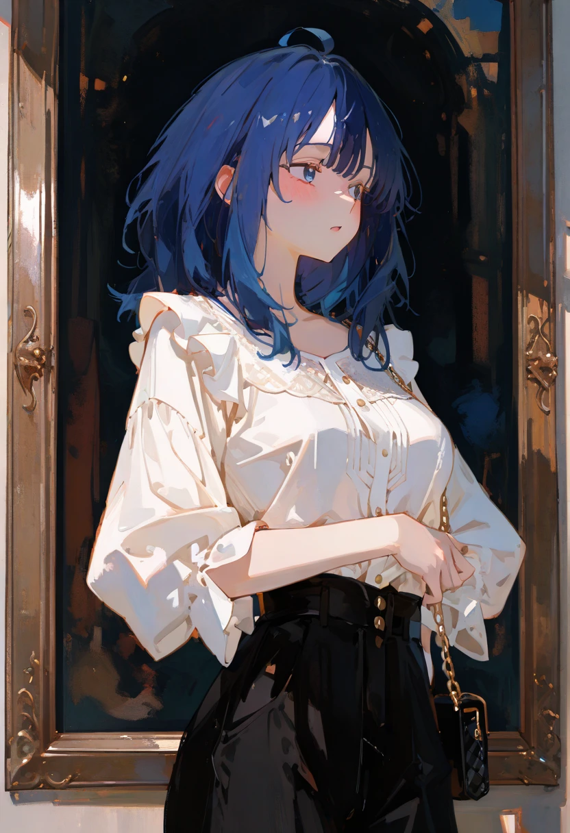 perfect quality,high quality,masterpiece,absolutely eye-catching,ambient occlusion,raytracing,
1girl,blue eyes,blue hair,medium hair,long hair,ahoge,Yanami Anna Cyql,
White blouse, black pants, and a classic Chanel chain bag,rotated,Mischief,breast hold,
Cubist artwork, Geometric shapes, abstract, innovative, revolutionary,,
qxys,748cmstyle,EtherStyle,<lora:spo_sdxl_10ep_4k-data_lora_webui:0.7>,<lora:96YOTTEA-WAI:0.3>,<lora:illustrious_all_rated_v1:0.7>,<lora:748cmSDXL:0.9>,<lora:EtherSDXL:0.5>,<lora:lora-000012.by_tusi:0.9>,