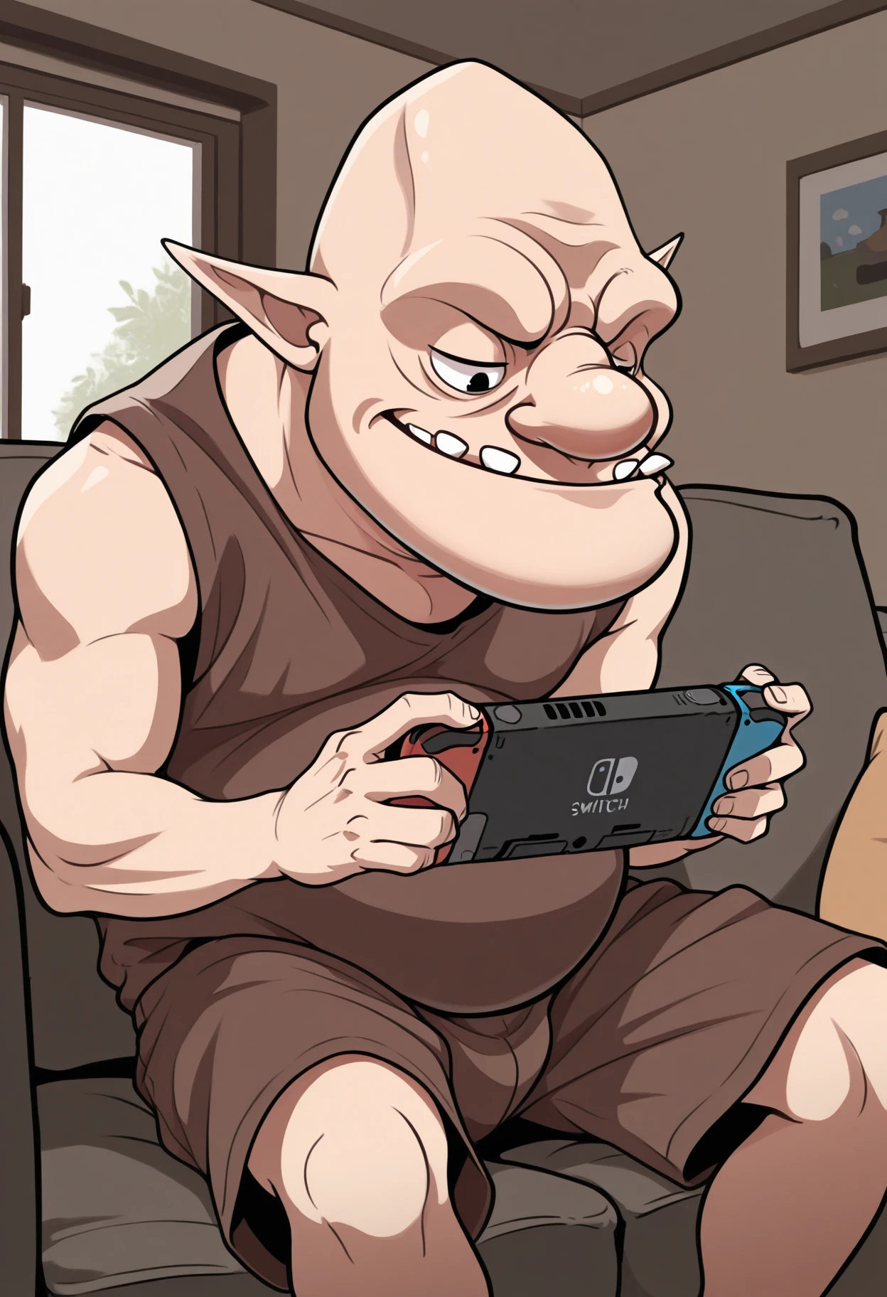 masterpiece, best quality, 1boy, sitting, nintendo switch, playing games, <lora:DampeLoZ-illu-000013:1> dampe, bald, big nose, pointy ears, looking down, black eyes, teeth, brown shirt, sleeveless shirt, (belly:0.7), brown shorts, couch, living room, indoors, window