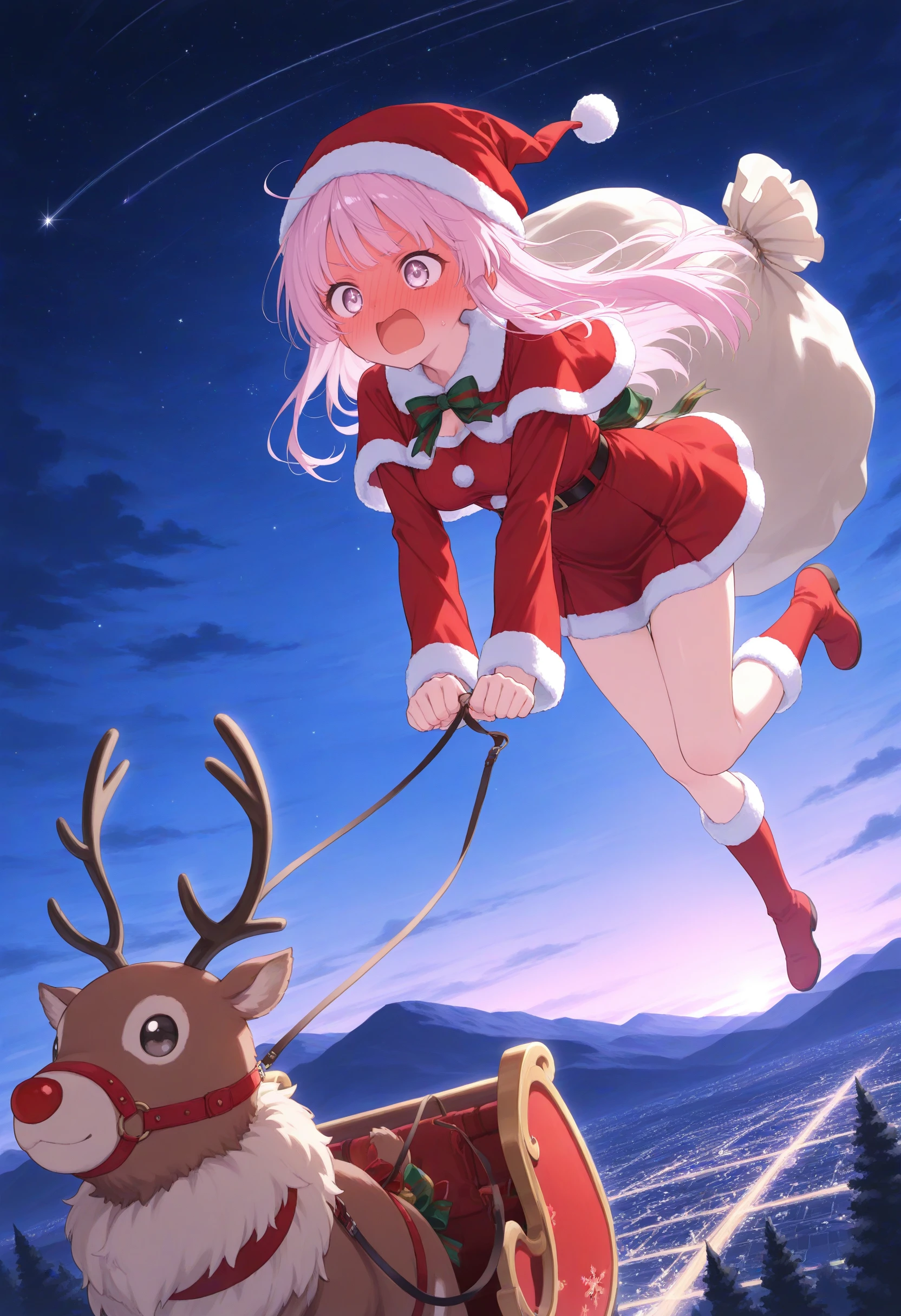 1girl,(sho \(sho lwlw\):0.7),(toosaka asagi:0.5),(sincos:0.3),solo,
masterpiece, best quality, newest, absurdres, CG, anime, source anime, illustration,
medium breasts,
santa hat, santa costume, sleigh, reindeer, capelet, sack, christmas, leash, star (sky), night, starry sky, night sky, flying, sitting, outdoors, <lora:sleigh_Illust_v1:0.8>
ceiling, wide shot, looking away, pink hair, white eyes,full-face blush, open mouth, hime cut hair,