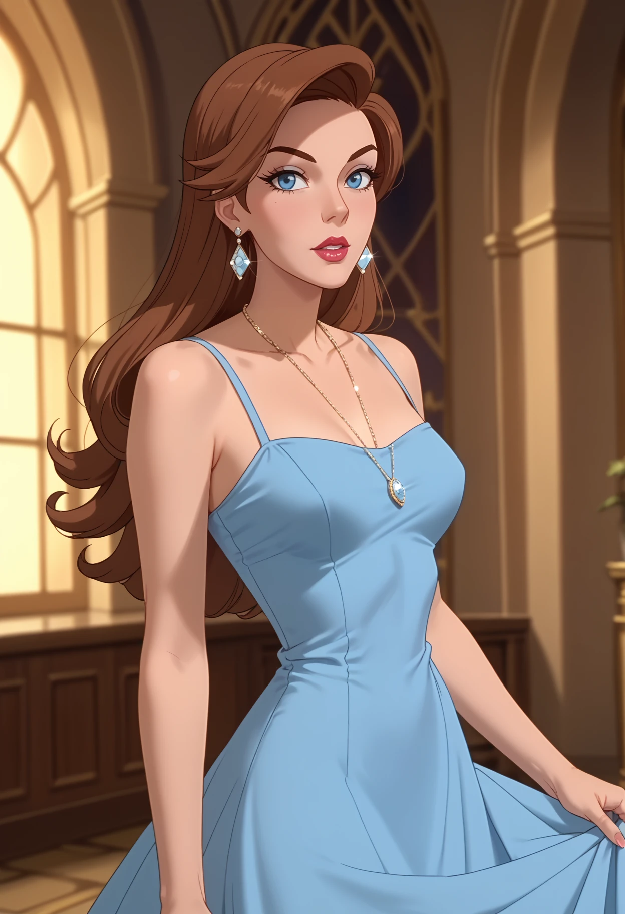 score_9, score_8_up, score_7_up, score_6_up, score_5_up, <lora:NM_anastasia:1>, BREAK NM_anastasia, 1girl, solo,  blue eyes, brown hair, long hair, breasts, lipstick, makeup, dress, blue dress, jewelry, earrings, necklace, looking at viewer,