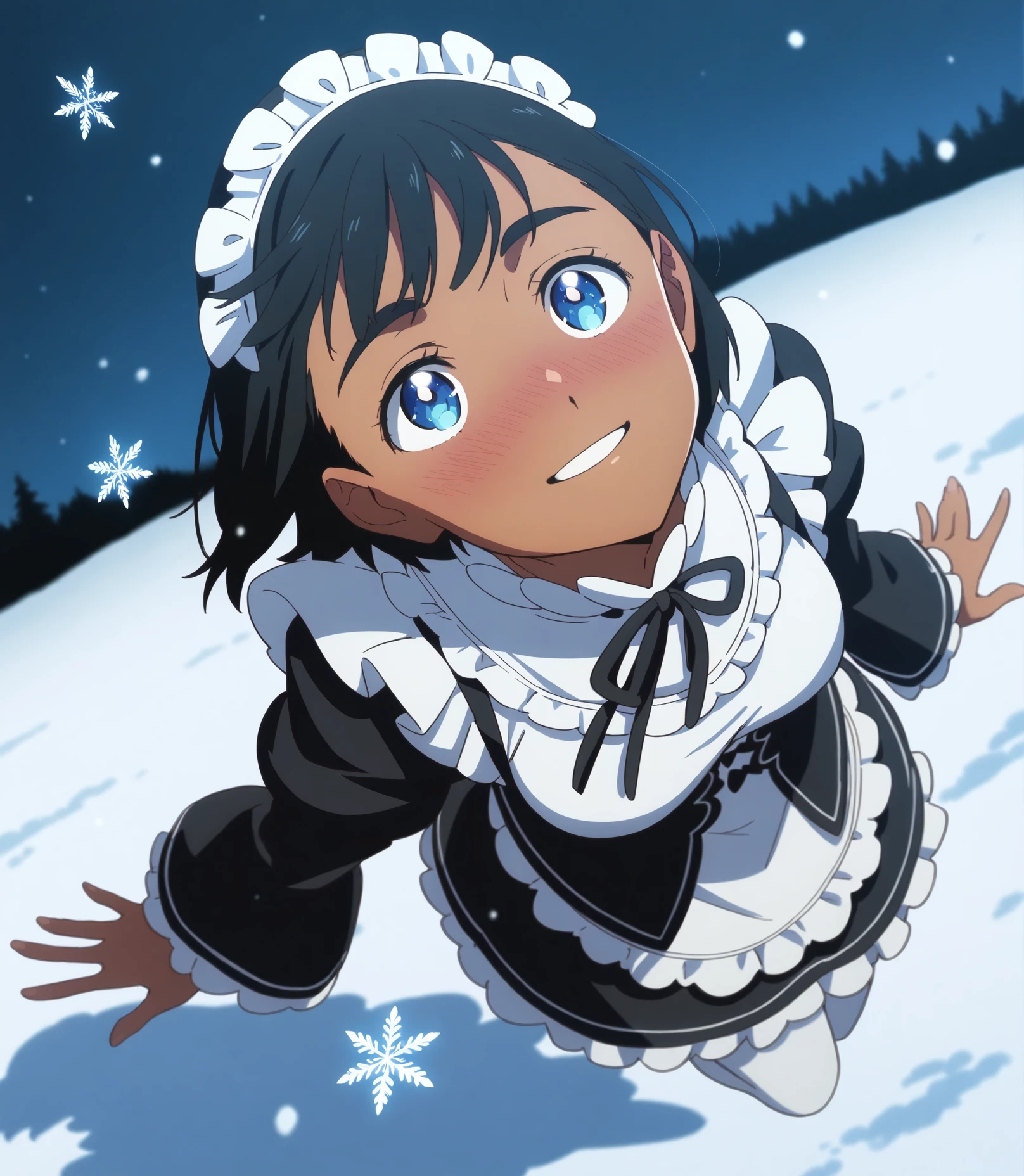 highres, hi res, best quality, masterpiece, 2d, intricate details, 4k, anime coloring, shadow, uncensored,
1girl, solo, female, eyelashes, nose, nose blush, smile, short hair, bands, blue eyes, black hair, dark skin, dark-skinned female, kofune mio, summertime render,
maid headdress, maid, maid apron, long sleeves, frilled skirt, frills, frilled dress, frilled sleeves, maid dress, roswaal mansion maid uniform, 
full body, foreshortening, jumping, bent legs, floating, dutch angle, looking at another, looking up, head tilt,
depth of field, outdoors, steam, steaming body, sky, night, night sky, snow, snowing, snowflakes, field, fir-tree, <lora:Mio_Kofune_ILXL:1>,