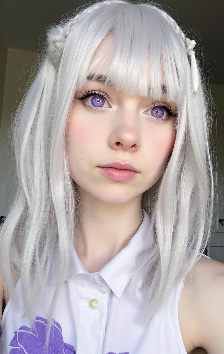 RealEmiliaFlux, purple eye, white hair, <lora:RealEmiliaFlux:1>