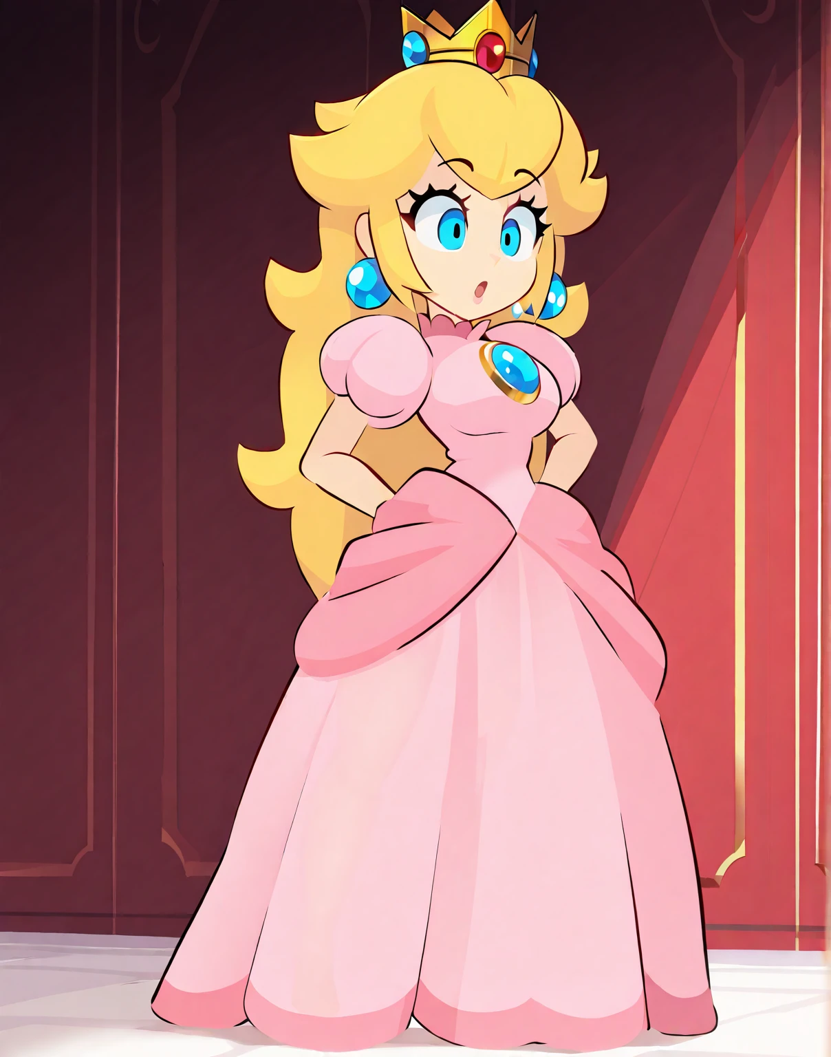 masterpiece, best quality, amazing quality, high resolution, absurdres, 1girl, solo,
princess peach,blonde hair,earrings, pink dress, crown, breasts,
gwainsaga, (full body),princess peach,blonde hair,earrings