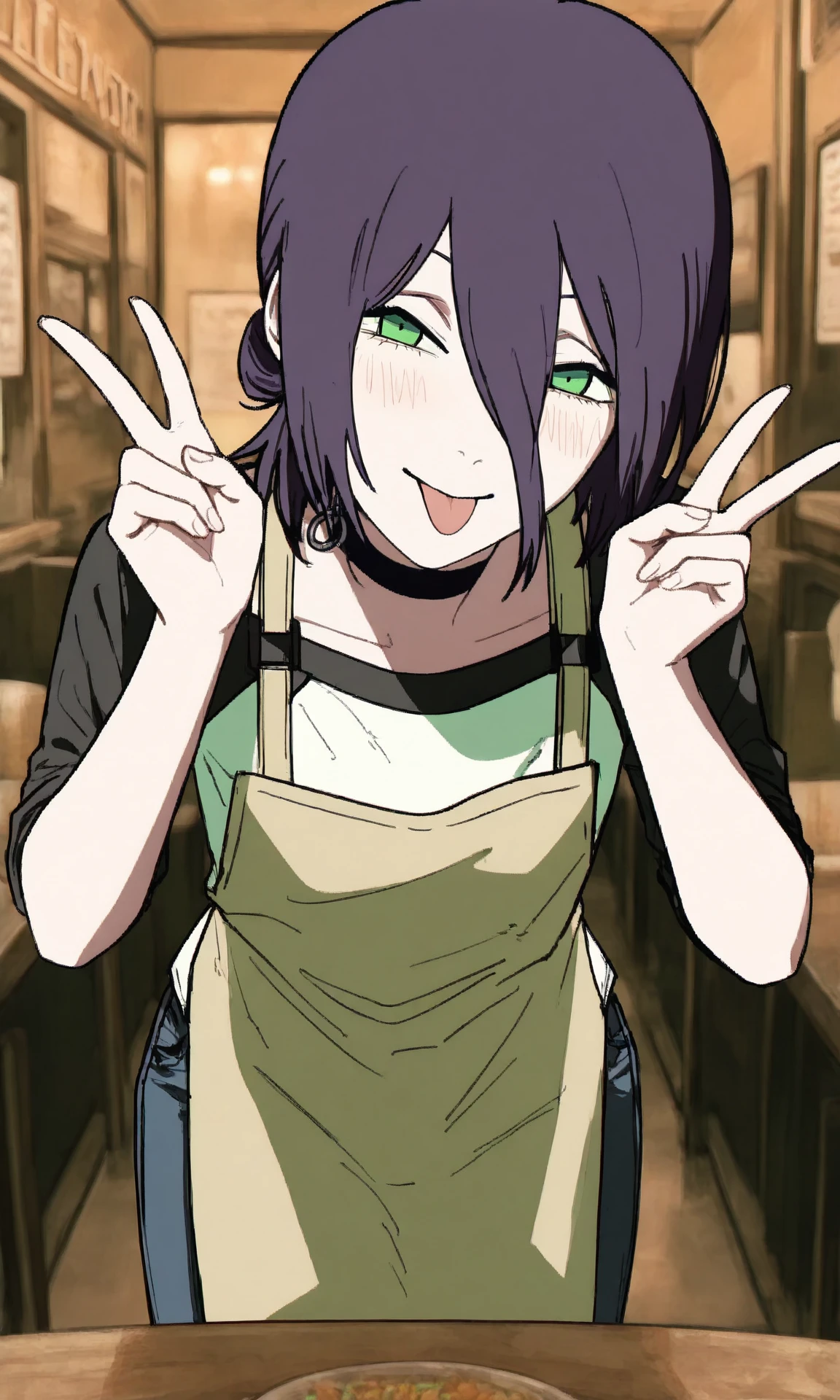 reze \(chainsaw man\), rezeanime, chainsaw man, 1girl, green eyes, medium hair, hair between eyes, single hair bun, choker, narrowed eyes, blush, tongue out, two-tone shirt, apron, denim, cowboy shot, leaning forward, double v, restaurant, interior, table, (masterpiece, best quality, very awa, recent:1.0)