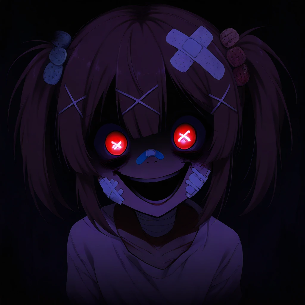 masterpiece, yamikawaii, solo, bandaid, bandages, x hair ornament, 1girl, grinning, psycho, dark, eyes glowing, yandere, creepy smile