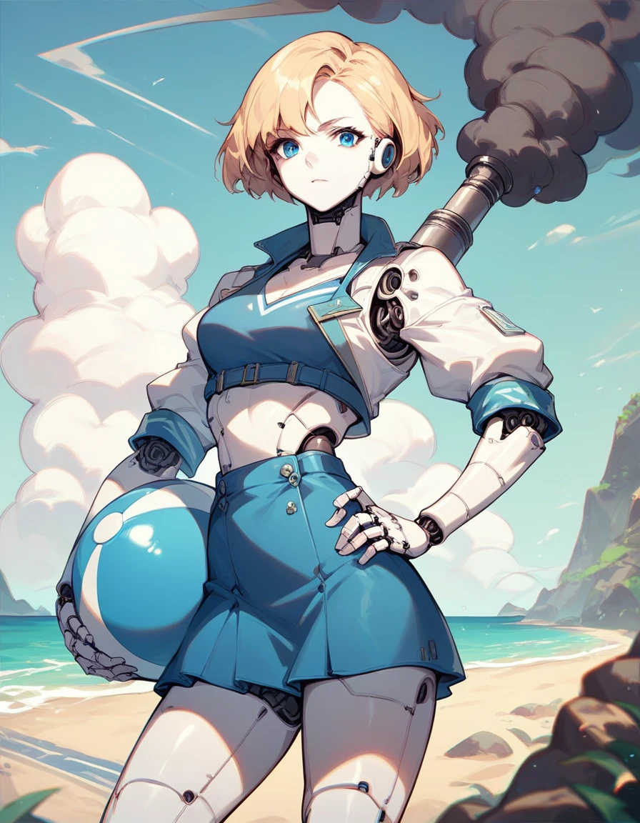 score_9, score_8_up, score_7_up, score_6_up, robot, [female], (exhaust pipe, smoke), solo, short blonde hair, white body, looking at viewer, skirt, topwear, holding beach ball, standing, beach, [5 fingers, [blue eyes]]