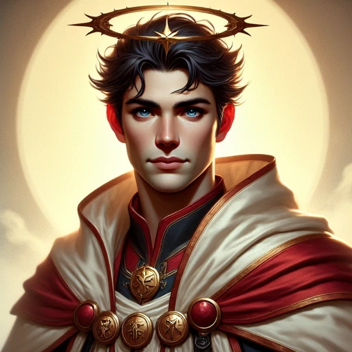 A portrait of  young man with an ethereal and celestial appearance. He has fair skin, a strong jawline, and piercing blue eyes that gaze directly at the viewer. His dark, wavy hair is tousled, adding to his otherworldly aura. He is dressed in a medieval-style garment with a hooded cape, predominantly white with red accents, and a high collar. Around his head is a golden halo, adorned with sharp, pointed spikes, symbolizing his divine or saintly status.   The background is a gradient of soft, warm light that casts gentle shadows on his face and clothing, emphasizing the texture and folds of the fabric. The cape's hood partially covers his face, giving a sense of mystery and reverence. The man's expression is calm and serene, with a hint of wisdom and compassion.   Three circular medallions, each with a different symbol, are prominently displayed on his chest, suggesting religious or mystical significance. The overall style is highly realistic with a touch of fantasy, blending elements of medieval art and contemporary digital techniques. The image exudes a sense of holiness and otherworldly beauty.