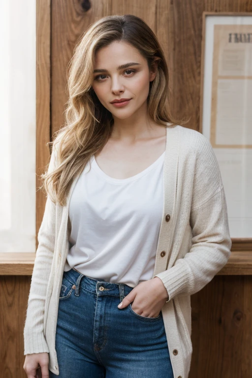 This is a photograph of a young woman with long, wavy blonde hair that cascades past her shoulders. She has a fair complexion and is smiling gently, with a subtle, natural makeup look that enhances her youthful appearance. She is wearing a plush, white faux fur cardigan that has a soft, voluminous texture, adding a cozy and luxurious feel to her outfit. The cardigan is slightly oversized, giving it a relaxed, comfortable look. Underneath, she wears a simple white top, though it is mostly obscured by the cardigan. She also wears high-waisted, light-wash blue jeans that have a slightly distressed, casual look, adding a touch of everyday style to her ensemble.
The background is a solid, pastel lavender color, which contrasts softly with her white cardigan, making her stand out. The lighting is even and soft, eliminating any harsh shadows and creating a gentle, flattering effect on her skin and the textures of her clothing. The overall mood of the photograph is warm and inviting, with a focus on comfort and simplicity. The setting appears to be a studio, designed to highlight the subject's features and attire.