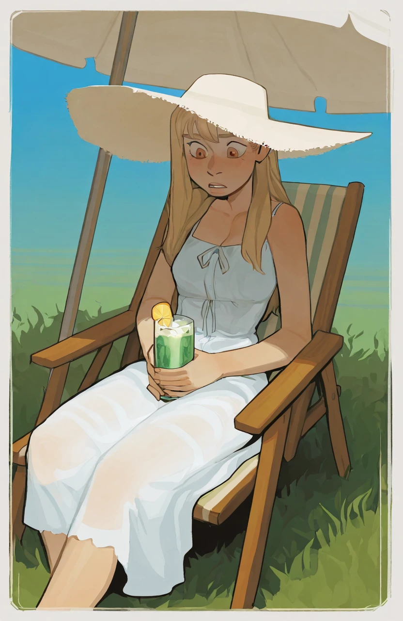 1girl, wearing a sundress, sunhat, sitting on a lawn chair, under an umbrella, ice cold drink
<lora:incaseIllustrious:1> incase