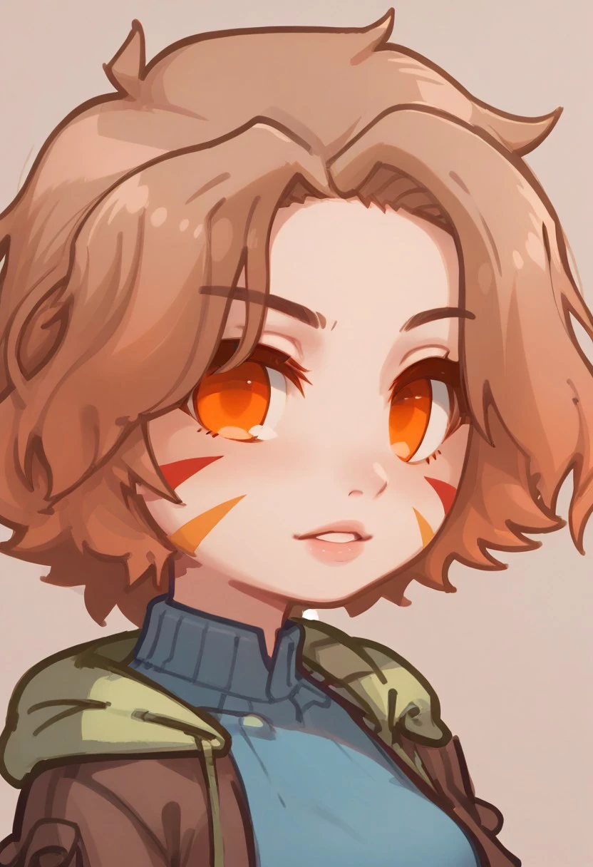 score_9, score_8_up, score_8, S6ARAGWOFFRGRD, brown hair, short hair, orange eyes, (facial mark:0.5)