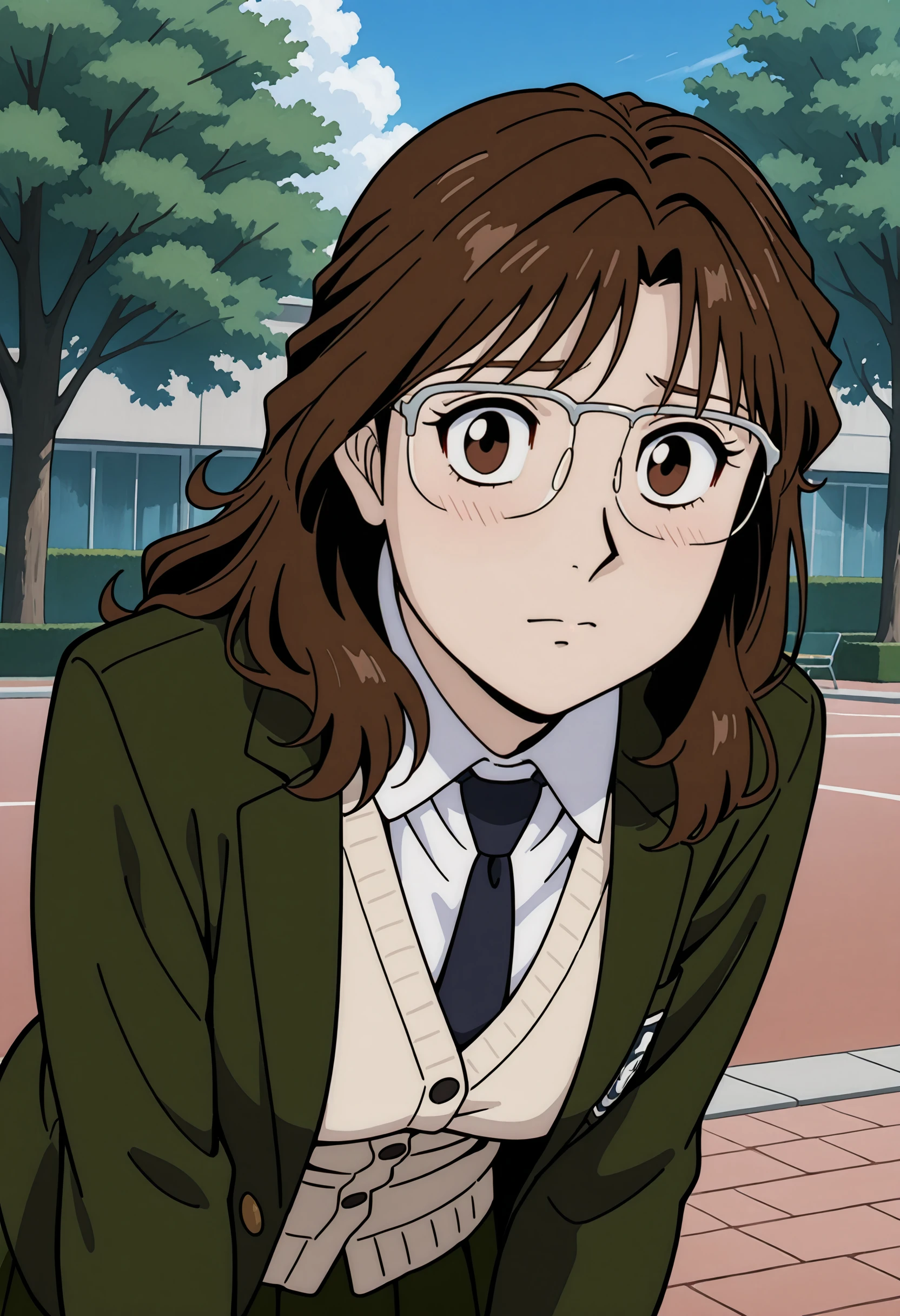 perfect quality, high quality, masterpiece, absolutely eye-catching BREAK
<lora:Hajime_no_Ippo_-_Reiko_Mikami:1> ipporeikomikami, long hair, brown hair, brown eyes, glasses, over-rim eyewear, school uniform, green blazer, open jacket, beige cardigan under jacket, white shirt, dark blue necktie, green skirt BREAK
outside, park, leaning forward, looking concerned, light blush, looking at viewer