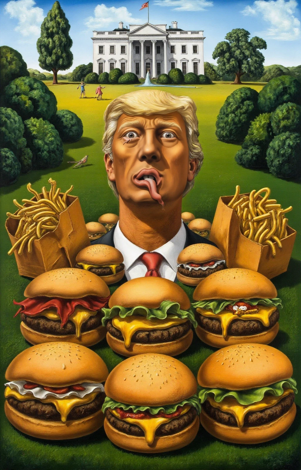 <lora:Dali Style:0.9> dali style, painting. donald trump is surrounded by melting burgers and fries, in front of the white house