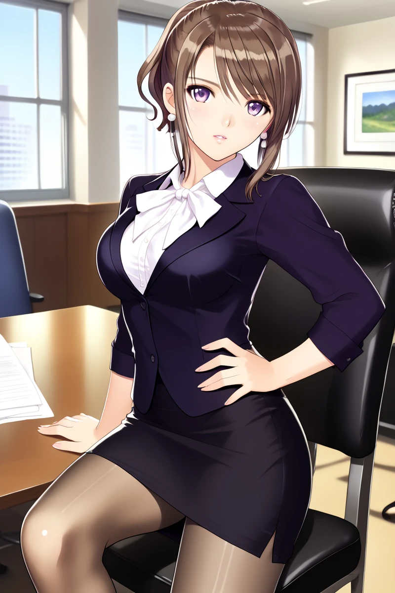 matsumiya_kiriko, 1girl, pantyhose, skirt, solo, brown hair, purple eyes, fitted skirt, indoors, office interior,  formal, suit, looking at viewer, black skirt, shirt, jacket, white shirt, office lady, outfit1 outfit2 earrings, <lora:matsumiya_kiriko_v2:0.7> pearl earrings, earrings behind sidelock, high leg, (realisticphoto), cowboy shot, one hand, on hips, cheerful, knee, side view,  <lora:Add_more_details_pony:0.3> <lora:HandFixer_pdxl_Incrs_v1:1> curvy body, tony taka, sitting on the chair, crossing leg, black trimmed lace panties, upskirt, table, komputer, folder case,