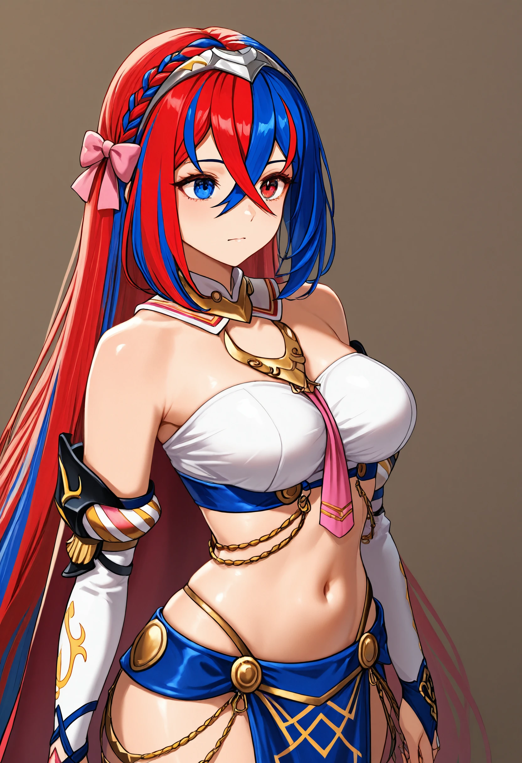 masterpiece, best quality, 1girl, cowboy shot, dncaf, bandeau, bridal gauntlets, pelvic curtain,  hair bow, jewelry, bare shoulders, navel, midriff,   alear \(fire emblem\), multicolored hair,  <lora:Dancers_Attire_IL:1>