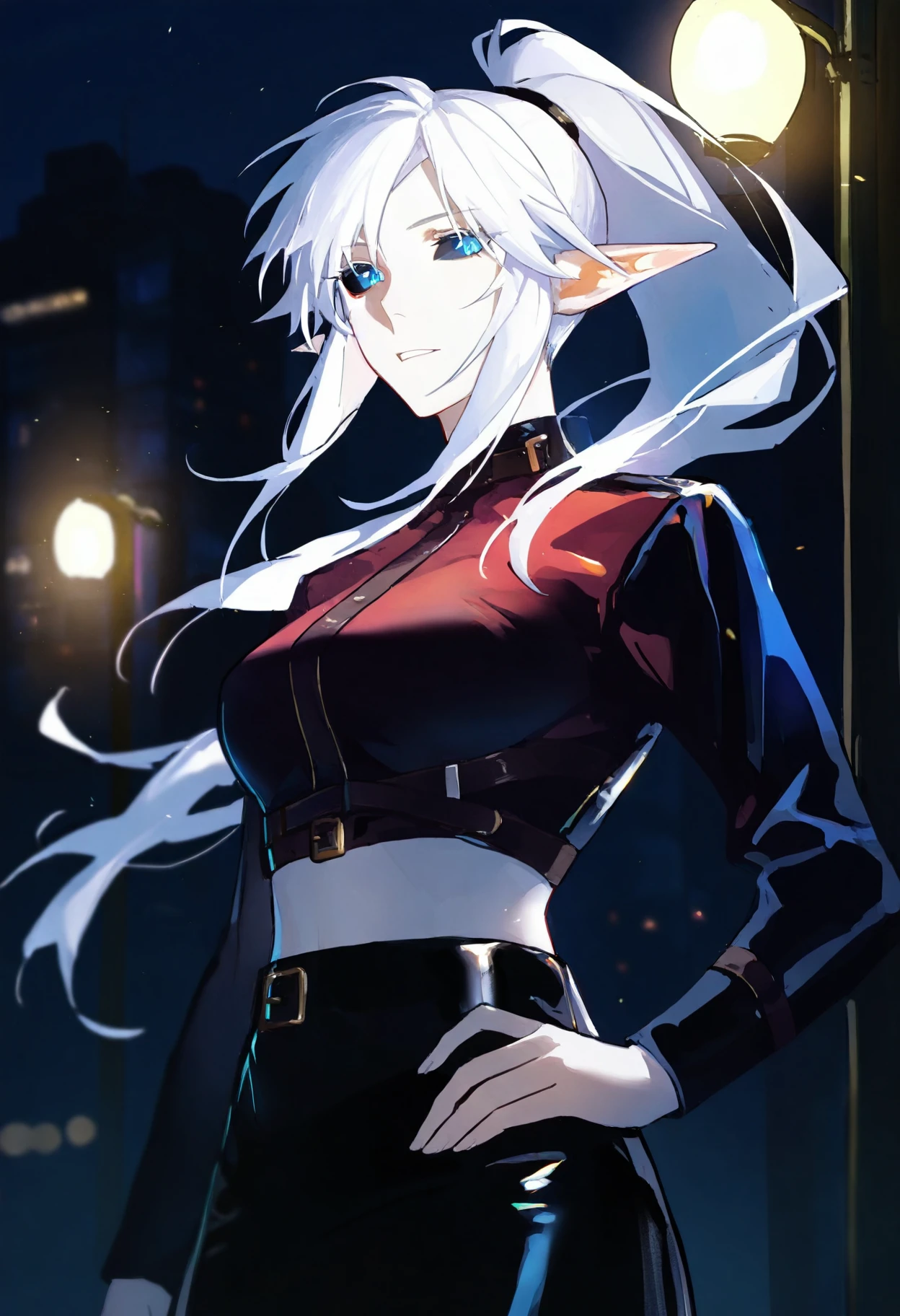 1girl, pale skin, white hair, long bang ponytail, floating hair, pointed ears, blue eyes, black sclera, medium breasts, long eyelashes,
sleeves satin top, leather skirt,
Cinematic Lighting, prismatic colors, light on face,
(street at night),
<lora:lmia4IL-style:1>, llmia4,