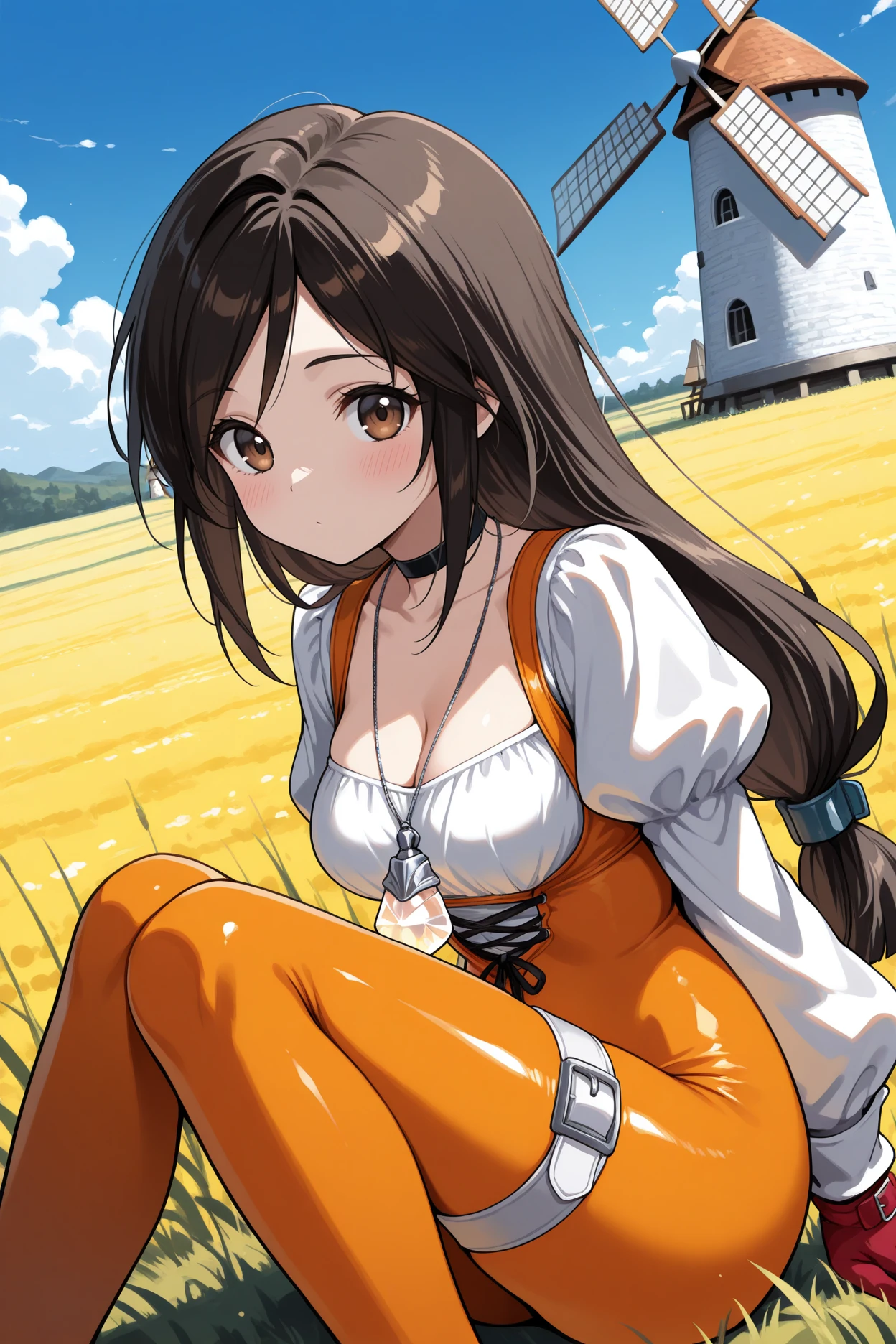 masterpiece, best quality, 1girl, solo, <lora:ffgarnet-illu-nvwls-v1_1-000007:1> ffixgarnet, black hair, brown eyes, low-tied long hair, pendant, black choker, orange bodysuit, cross-laced bodysuit, cleavage, white shirt, puffy sleeves, white sleeves, red gloves, thigh strap, looking at viewer, dot mouth, blush, arms behind back, medium breasts, windmill, field, blue sky, from side, sitting, knees up